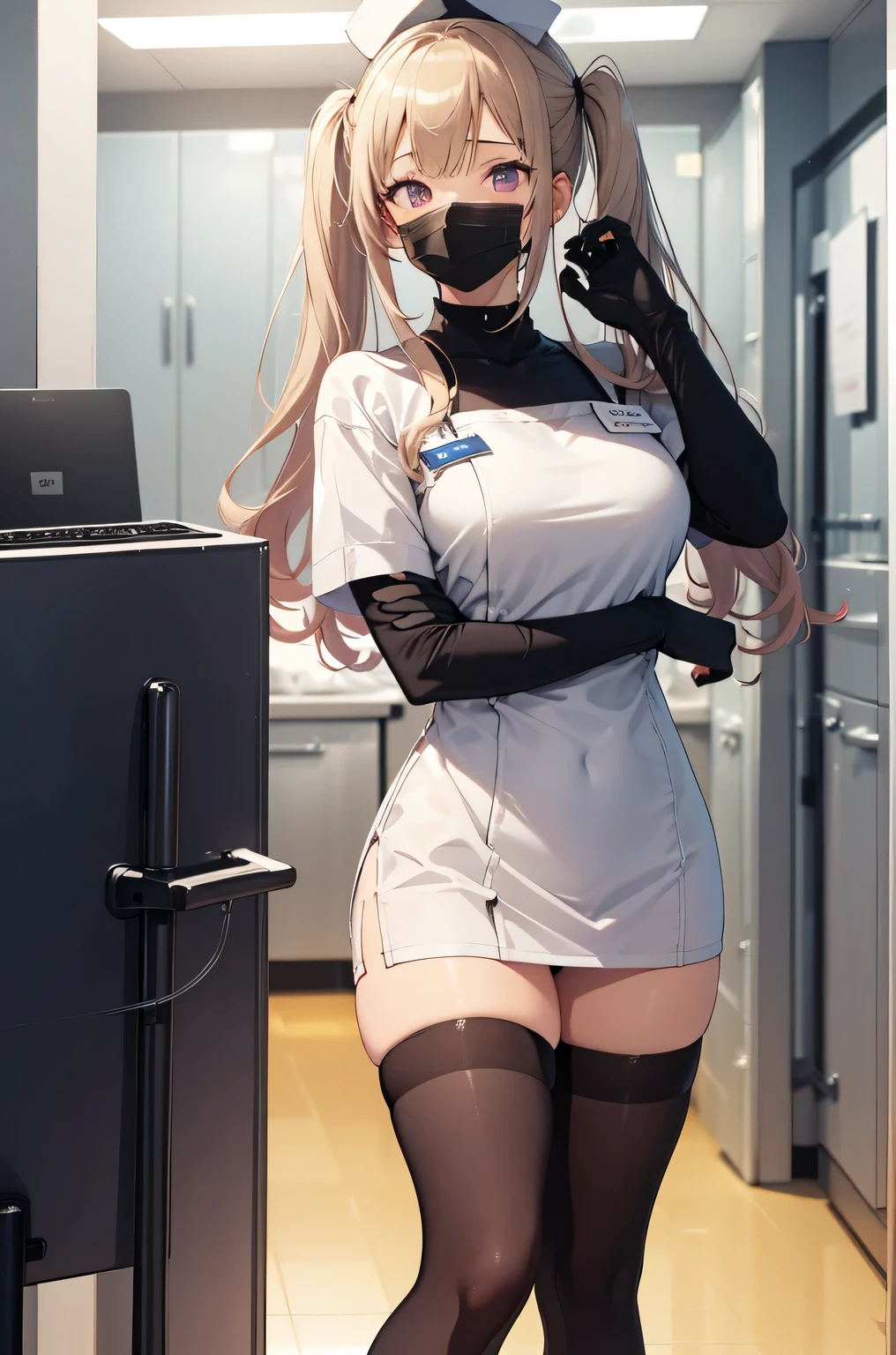black nurse, 1 girl, alone, black nurse cap, Black Wear, ((black legwear, zettai ryouiki)), black elbow gloves, twin tails, yellow hair, purple eyes, ((Black surgical mask, Covered nose)), Are standing, ((operating room)), sharp outline, short sleeve, highest quality, masterpiece