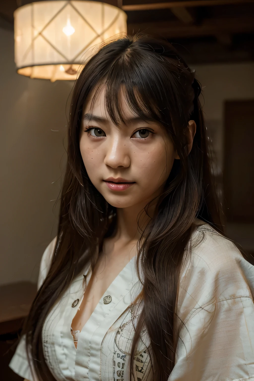 best quality, face focus, soft light, ultra high res, (photorealistic:1.4), RAW photo, 1japanese girl, solo, cute, (pupil, lights in the eyes), detailed beautiful face, (),(high resolution detail of human skin texture), (long hair), indoor, Damask Shirt Dress, (portrait)
