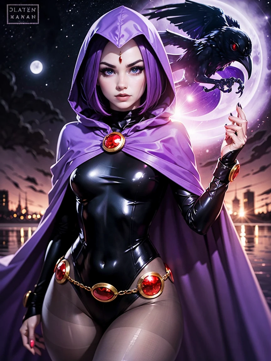 illustration of Raven of DC Comics, 1girl, raven, turtleneck, black leotard, black cape, hood, purple hair, forehead jewel, purple eyes, short hair, belt, skin tight, standing, cleavage, toned, pose, night, moonlight, ((posing)), motion lines, torso, upper body, portrait, b&w. outline, in Anime Tarot Card Art Style, elegant, glamorous, reflection, shine, shading, pantyhose 40 dinier, small