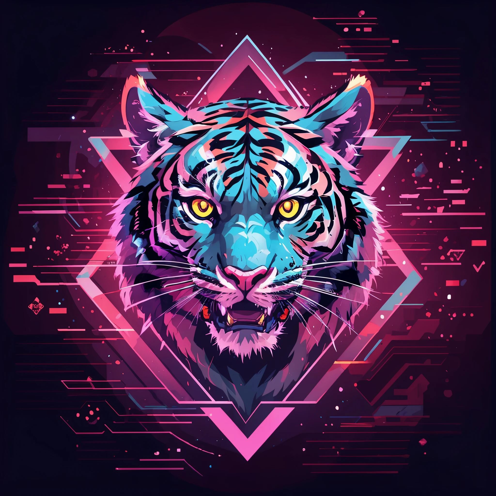 ((Vector tiger logo)), vector lines with glowing eyes and a star in the background, dark video game icon design, ((geometric pattern)), ((geometric vector art)), beautiful neon cat, demon cat, 3d icon, vector art style, mascot illustration, glowing-eyes-and-mouth, glowing orange eyes, neon art style, panther, ((black background))