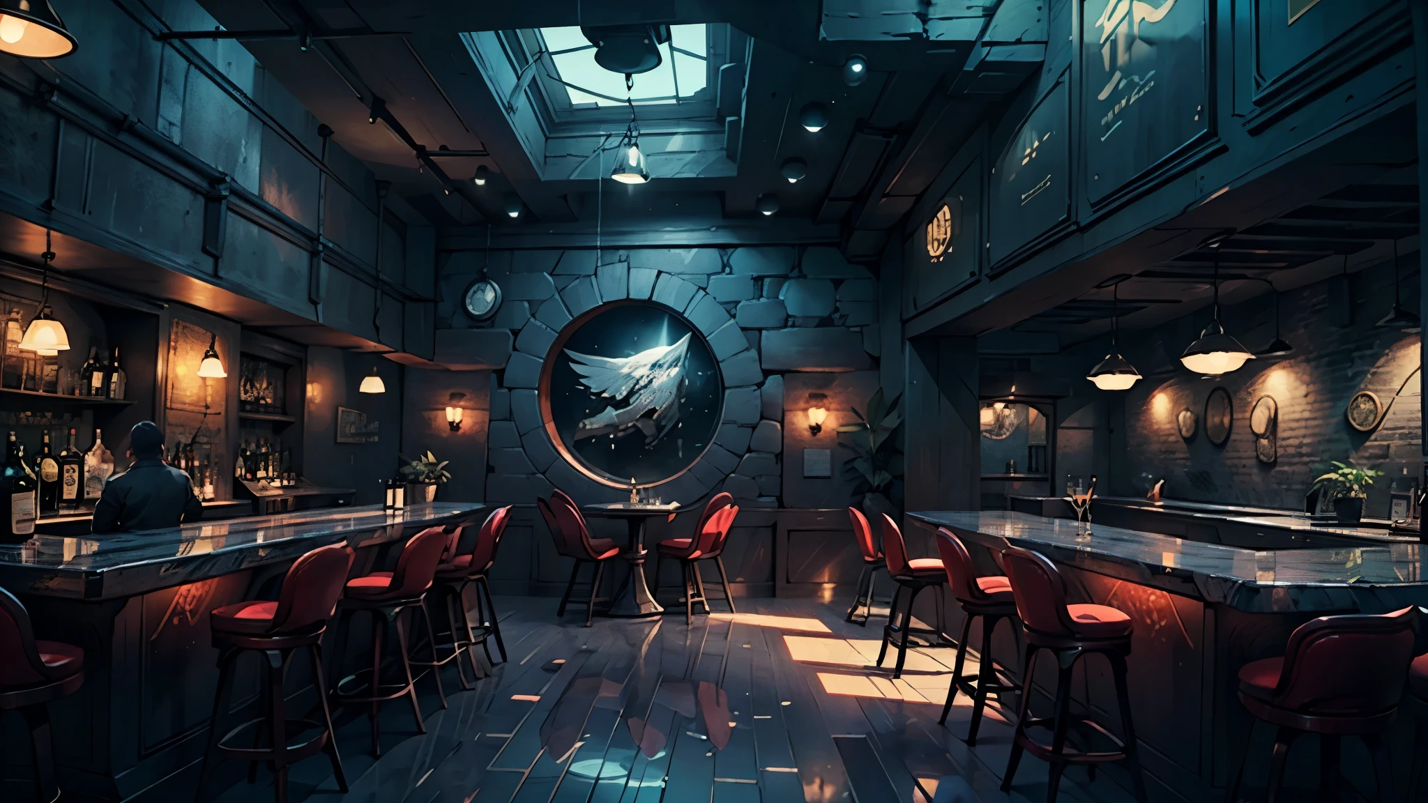 Create the look of a cool, modern bar. Highest quality, cinematic rendering, Unity engine, Unreal engine. A cozy, relaxing bar with a warm atmosphere and dim, warm lighting. In the background is a bar counter with a display case full of drinks; Cool lighting favorably emphasizes the stylish design of bar furniture. Looks expensive and solid. Wide windows in the background, huge portholes covering the entire wall, open views into outer space. A huge planetary system with asteroids is clearly visible from the windows. This is a gap in deep space, an orbital station. Everything inside is designed for the relaxation of staff and visitors. The modern style of Sky-Fi is mixed with the classic design of respectable bars on planet Earth. High image quality. Cinematic quality, soft light. Full SD 16K. resolution, panoramic format, IMax cinema. The shine of polished materials, the reflection of light, and the reflection in glass objects, accessories, dishes, and decorative items