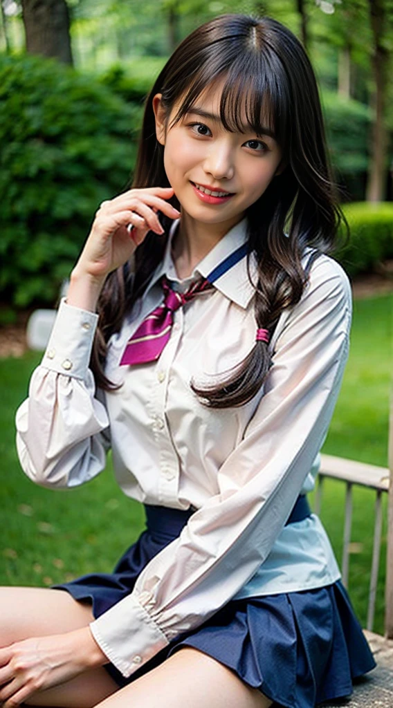 (8K、RAW photo、highest quality、masterpiece:1.2)、(realistic、Photoreal)、40 years、1 girl、I have a mole next to my eye、((White shirt with long sleeves、sailor suit、red tie、Below-the-knee length navy pleated skirt))、（high school girl）、The skirt is rolled up、gal、lots of eyelashes、glitter on eyelids、Dark Red Knee-High Socks、Skeletally correct、thighs open、wavy twintails、cute smile、sweaty body、attractive body beautiful perfect body、V-line emphasis、put your hands behind your head、Beautifully aligned fingertips、
