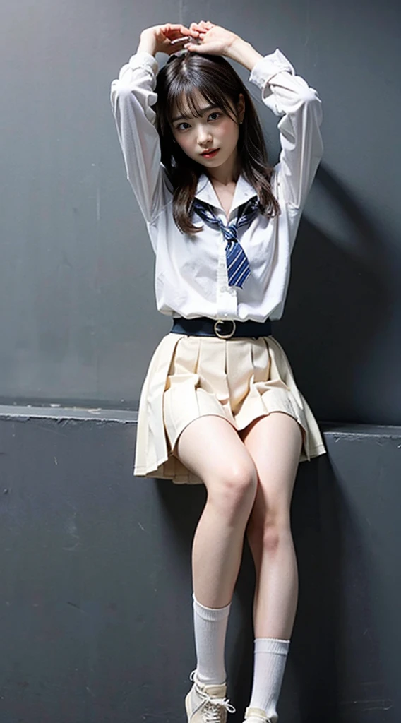 (8K、RAW photo、highest quality、masterpiece:1.2)、(realistic、Photoreal)、40 years、1 girl、I have a mole next to my eye、((White shirt with long sleeves、sailor suit、red tie、Below-the-knee length navy pleated skirt))、（high school girl）、The skirt is rolled up、gal、lots of eyelashes、glitter on eyelids、Dark Red Knee-High Socks、Skeletally correct、thighs open、wavy twintails、cute smile、sweaty body、attractive body beautiful perfect body、V-line emphasis、put your hands behind your head、Beautifully aligned fingertips、