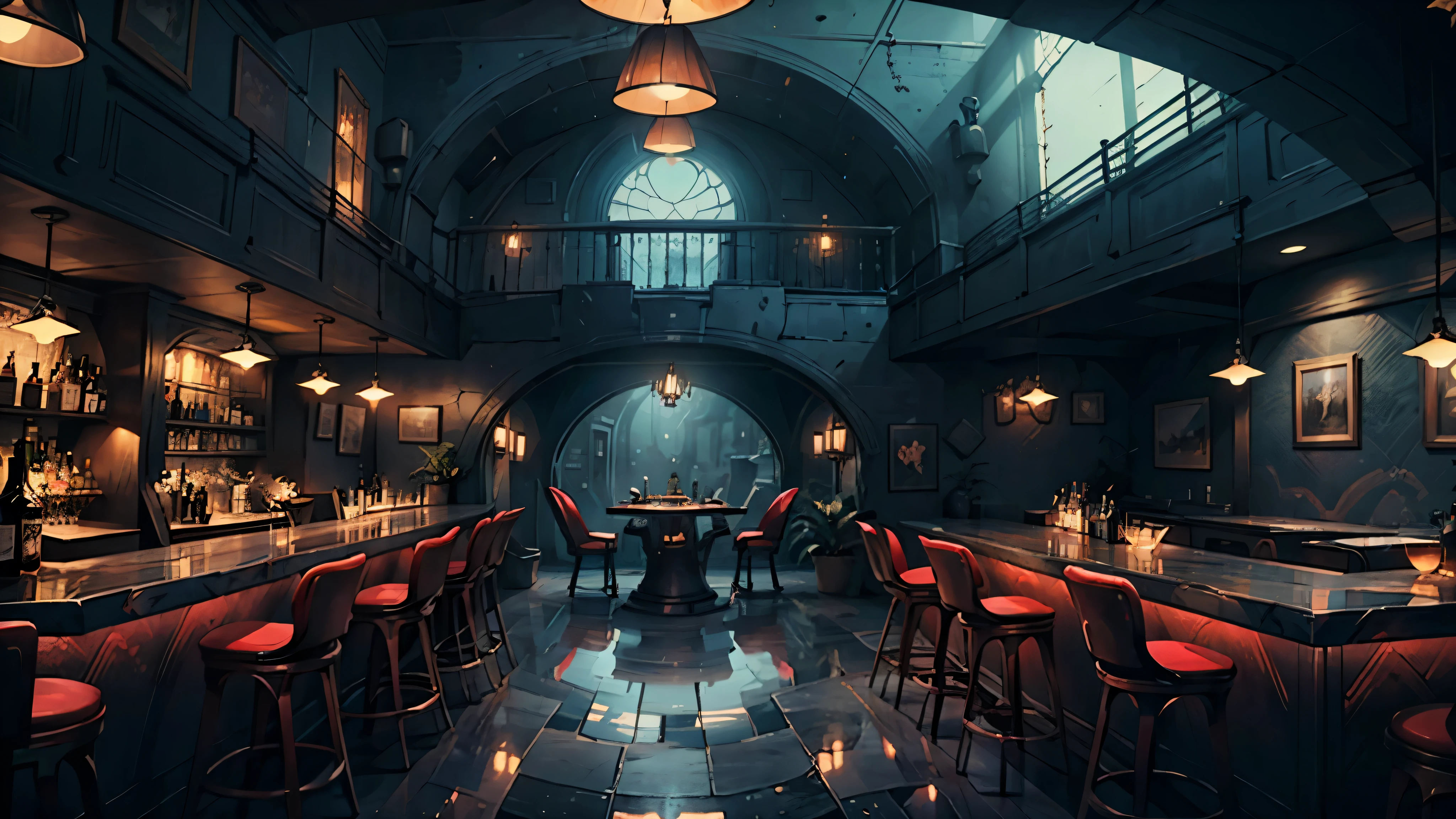 Create an image of cool, Modern bar. top quality, cinematic rendering, single engine, unreal engine. cosy, relaxing bar with a warm atmosphere and twilight, Warm lighting. In the background there is a bar counter with a display case, full of drinks.; Cool lighting highlights the stylish design of bar furniture.. Looks expensive and solid. Wide windows in the background, huge portholes, covering the entire wall, open views into space. A huge planetary system with asteroids is clearly visible from the windows.. It&#39;s a rip in deep space, orbital station. Everything inside is designed for relaxation of staff and visitors... The modern style of Sky-Fi mixed with the classic design of respectable bars on planet Earth.. high image quality. cinematic quality, soft light. Full SD 16K. permission, panoramic format, IMax cinema. Shine of polished materials, light reflection, and reflection in glass objects, Accessories, cymbals, and decorative items