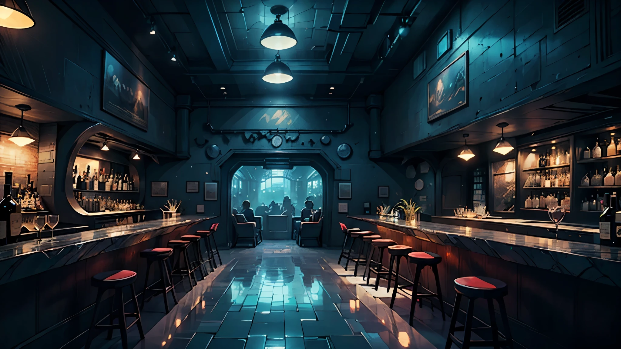 Create the look of a cool, modern bar. Highest quality, cinematic rendering, Unity engine, Unreal engine. A cozy, relaxing bar with a warm atmosphere and dim, warm lighting. In the background is a bar counter with a display case full of drinks; Cool lighting favorably emphasizes the stylish design of bar furniture. Looks expensive and solid. Wide windows in the background, huge portholes covering the entire wall, open views into outer space. A huge planetary system with asteroids is clearly visible from the windows. This is a gap in deep space, an orbital station. Everything inside is designed for the relaxation of staff and visitors. The modern style of Sky-Fi is mixed with the classic design of respectable bars on planet Earth. High image quality. Cinematic quality, soft light. Full SD 16K. resolution, panoramic format, IMax cinema. The shine of polished materials, the reflection of light, and the reflection in glass objects, accessories, dishes, and decorative items