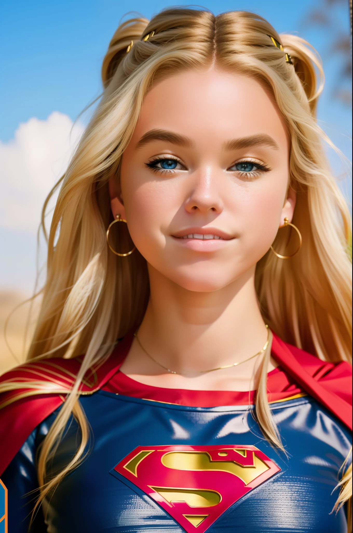 A stunning and pretty intricate full color photo of (a woman m111y:1),  blonde hair,  looking at viewer as supergirl, supergirl suit, flying, full body, tight suit, detailed face