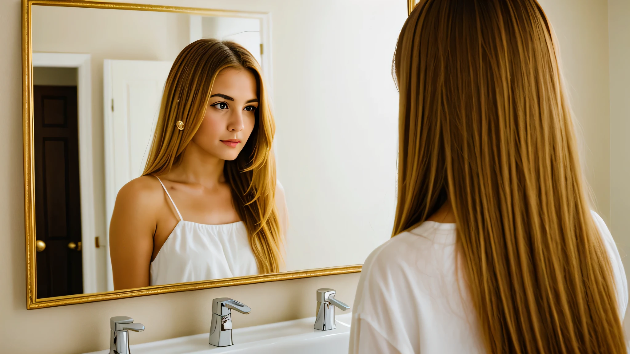 A women looking at mirror in bathroom, golden colour hair