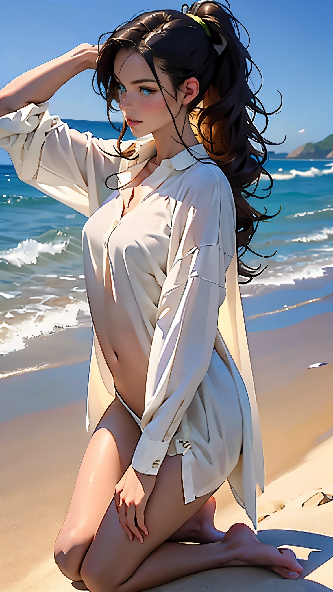 ((masterpiece, Best quality, a high resolution, ultra detailed),(beautiful and aesthetically pleasing:1.2), 1 woman, adult, perfect body, Wavy dark hair, green eyes, hair pulled back into a beautiful ponytail, Detailed eyes and face, long oversized shirt, swimsuit, bikini, golden hour, beach, sea, sand, Palma, complex parts, full body, beachные шлепки