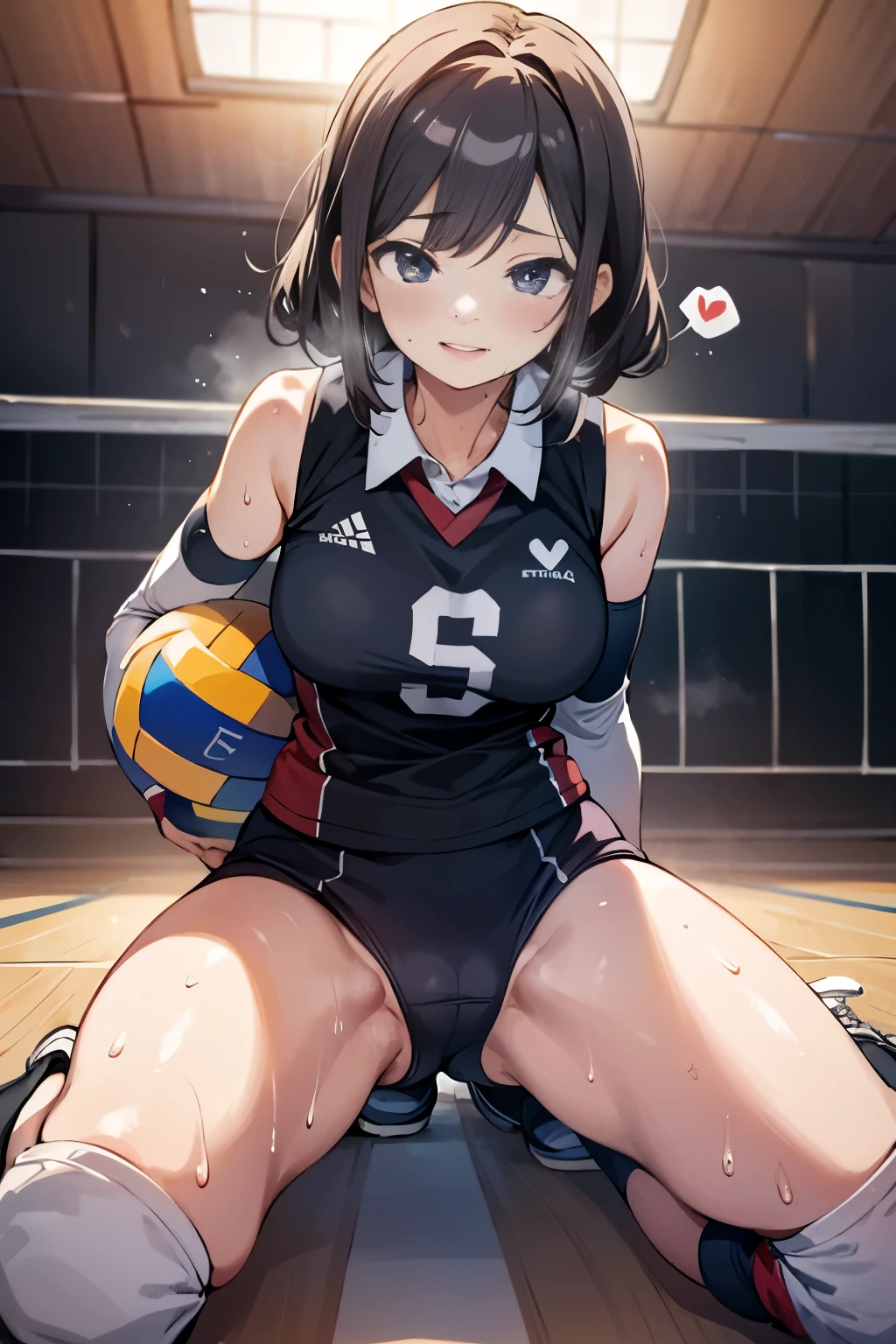 unity 8k wallpaper, anatomically correct, (((masterpiece))), (((best quality))), (((ultra detailed))), (((high-resolution))), ((Ultimate cutie)), perfect hands, perfect finger, (((good anatomy))), detailed beautiful face, shiny hair, (((gyaru))), (potbelly), (curvy), medium breasts, ((Thick thighs)), (((solo))), ((seductive smile)), (((blush))),
BREAK, (((sit astride the perfectly spherical shape 6-inch volleyball))), (((Straddling a perfectly spherical 6" volleyball))), (((Perfectly spherical 6" volleyball fits perfectly crotch))), BREAK, (((Rub the Perfectly spherical 6" volleyball against crotch))),
BREAK, (Collared volleyball uniforms), sleeveless, ((buruma)), ((kneepad)), pussy juice stained, (elbow pad), (((sweat))), (((covered in sweat))), ((deep breathing)), in Volleyball Court, indoor, lighting, looking at viewer, full body, (spoken heart)