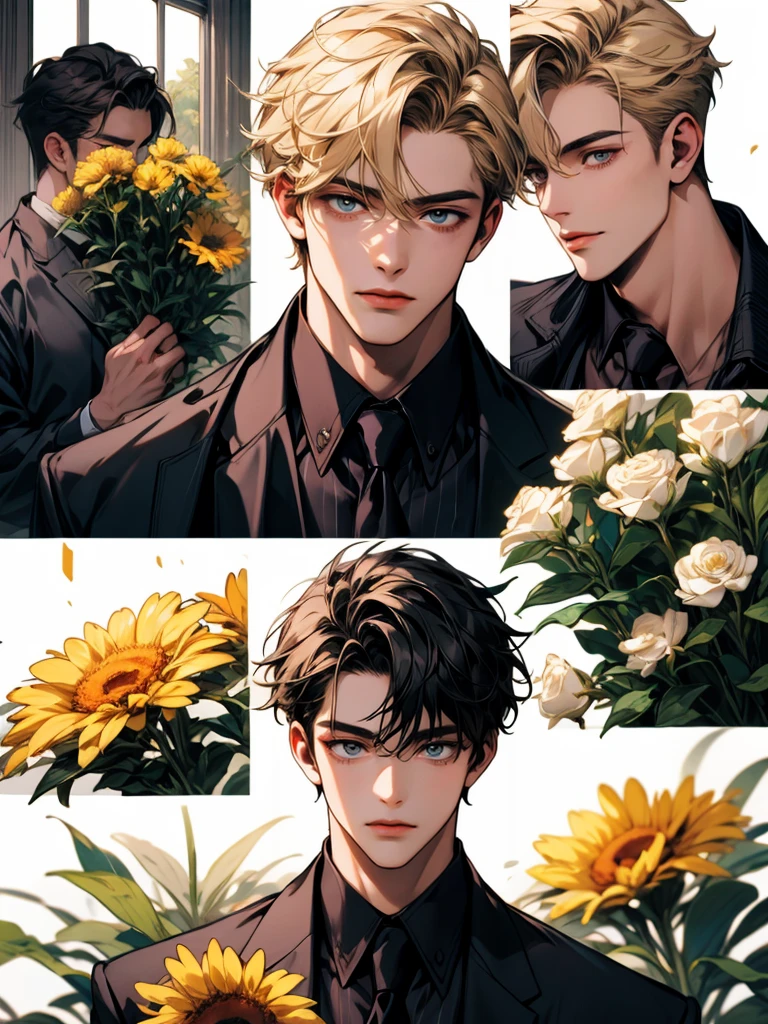 masterpiece, collage of man holding flowers, blond hair, black hair, white hair