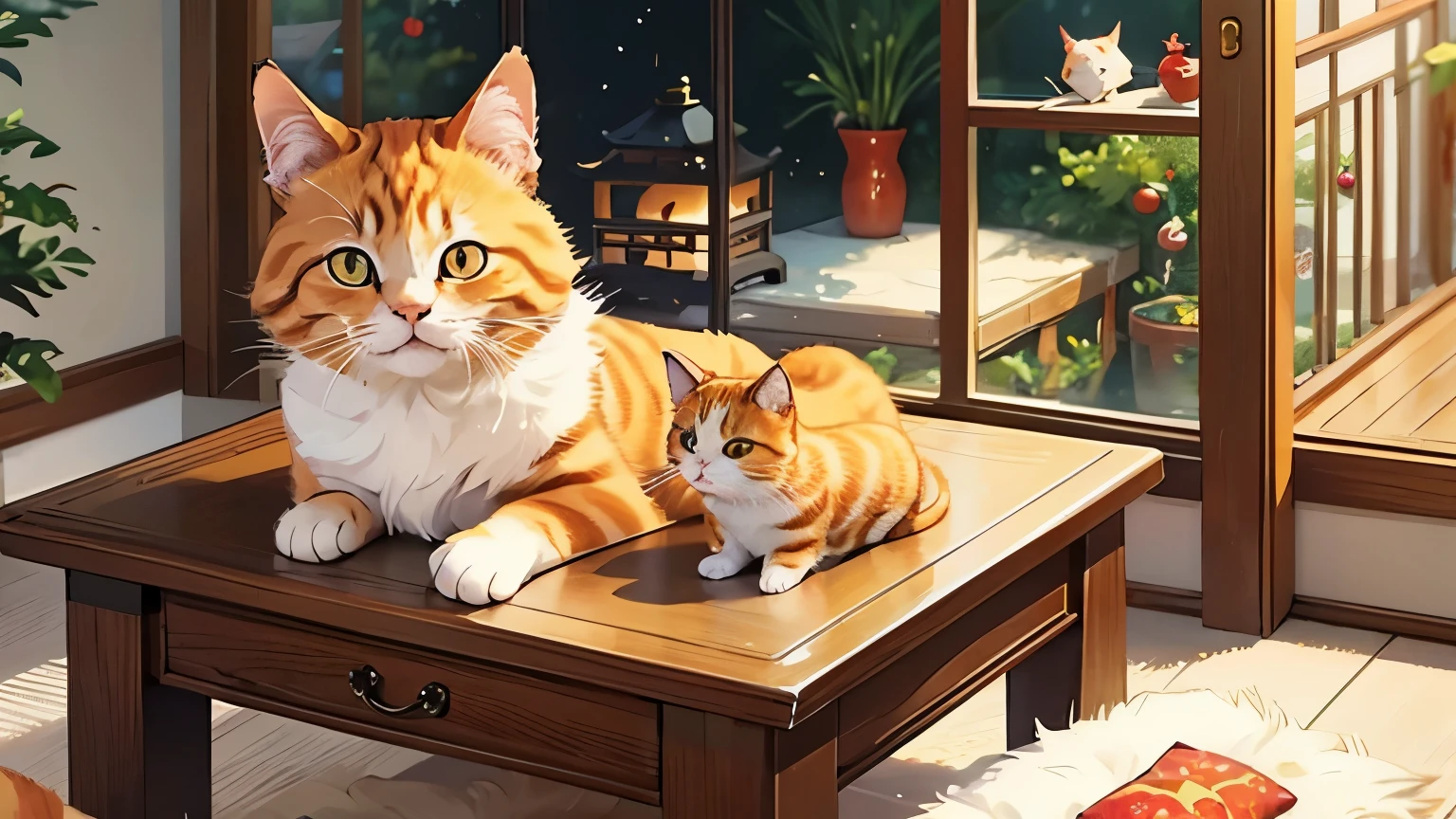 there is a cat that is sitting on a table with ornaments, cute cat, kawaii cat, a cute cat, cute cat photo, anime visual of a cute cat, adorable digital painting, ginger cat, cute cats, the cutest kitten ever, cute kitten, beautiful cat, traditional chinese, wallpaper - 1 0 2 4, cute animal, cute digital art, cute and adorable