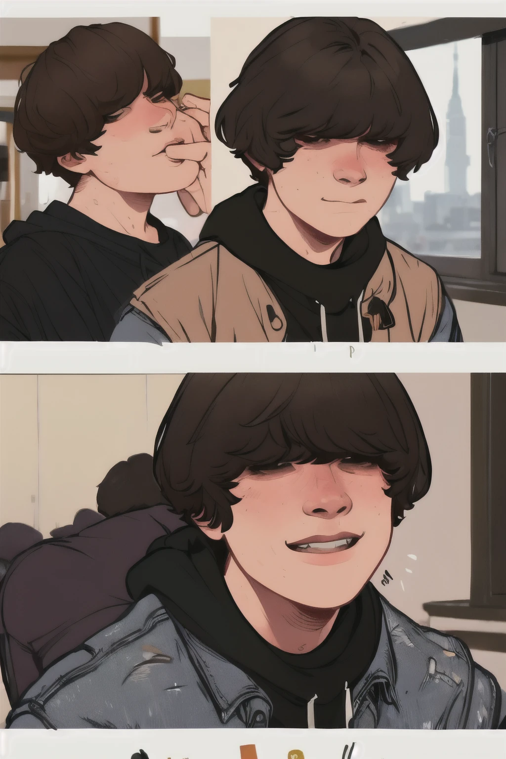 (ultra-detailed,best quality,highres:1.2),1boy,laughing,classroom,indoors,vibrant colors,playful atmosphere,happy expression,textbooks on desk,blackboard,open window