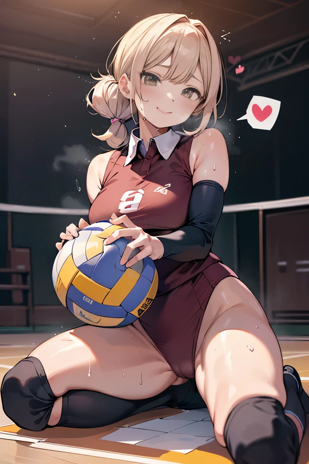 unity 8k wallpaper, anatomically correct, (((masterpiece))), (((best quality))), (((ultra detailed))), (((high-resolution))), ((Ultimate cutie)), perfect hands, perfect finger, (((good anatomy))), detailed beautiful face, shiny hair, (((gyaru))), (potbelly), (curvy), medium breasts, ((Thick thighs)), (((solo))), ((seductive smile)), (((blush))),
BREAK, (((sit astride the perfectly spherical shape 6-inch volleyball))), (((Straddling a perfectly spherical 6" volleyball))), (((Perfectly spherical 6" volleyball fits perfectly crotch))), BREAK, (((Rub the Perfectly spherical 6" volleyball against crotch))),
BREAK, (Collared volleyball uniforms), sleeveless, ((buruma)), ((kneepad)), pussy juice stained, (elbow pad), (((sweat))), (((covered in sweat))), ((deep breathing)), in Volleyball Court, indoor, lighting, looking at viewer, full body, (spoken heart)