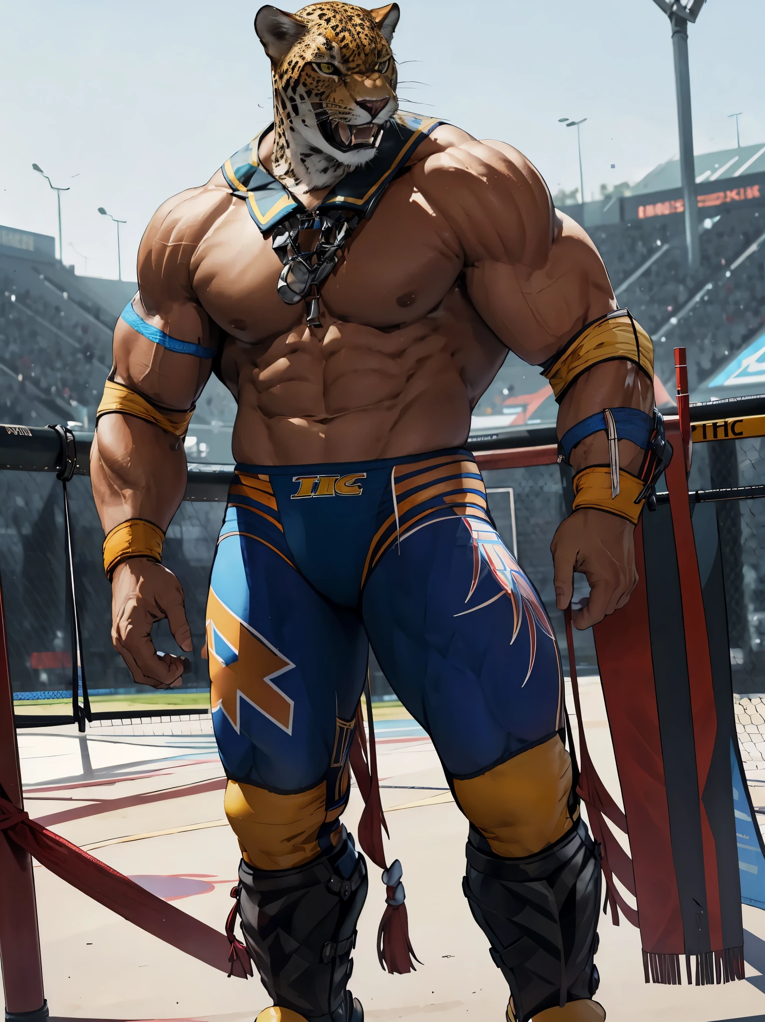 image of King from Tekken, wrestling outfit, ((standing)), looking towards viewer, photorealistic, best quality, 8K masterpiece, 1man, minimal background, soft lighting, shadows accentuating muscles, full body, realistic skin, high resolution, high detailed, intricate details, soft natural light, king_tekken, simple background, muscular, pectorals, muscular male, simple background, wrestling arena, day,