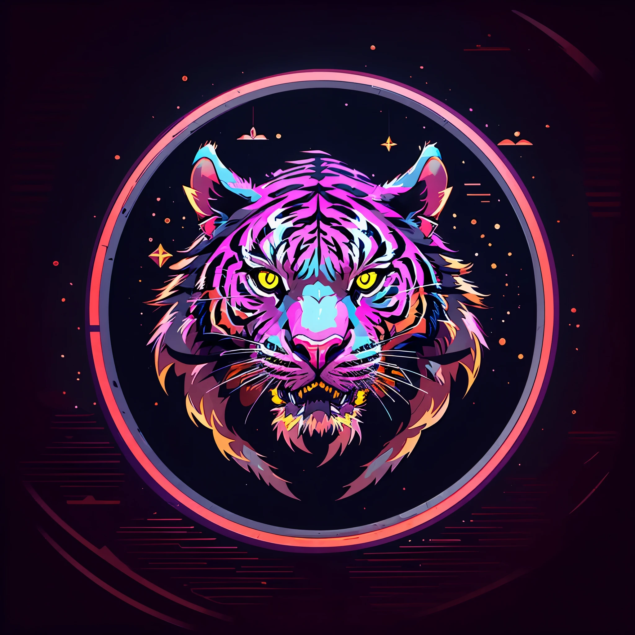 ((Vector tiger logo)), vector lines with glowing eyes and a star in the background, dark video game icon design, ((geometric pattern)), ((geometric vector art)), (vector balls), ((rounded objects)), beautiful neon cat, demon cat, 3d icon, vector art style, mascot illustration, glowing-eyes-and-mouth, glowing eyes, neon art style, panther, ((black background))