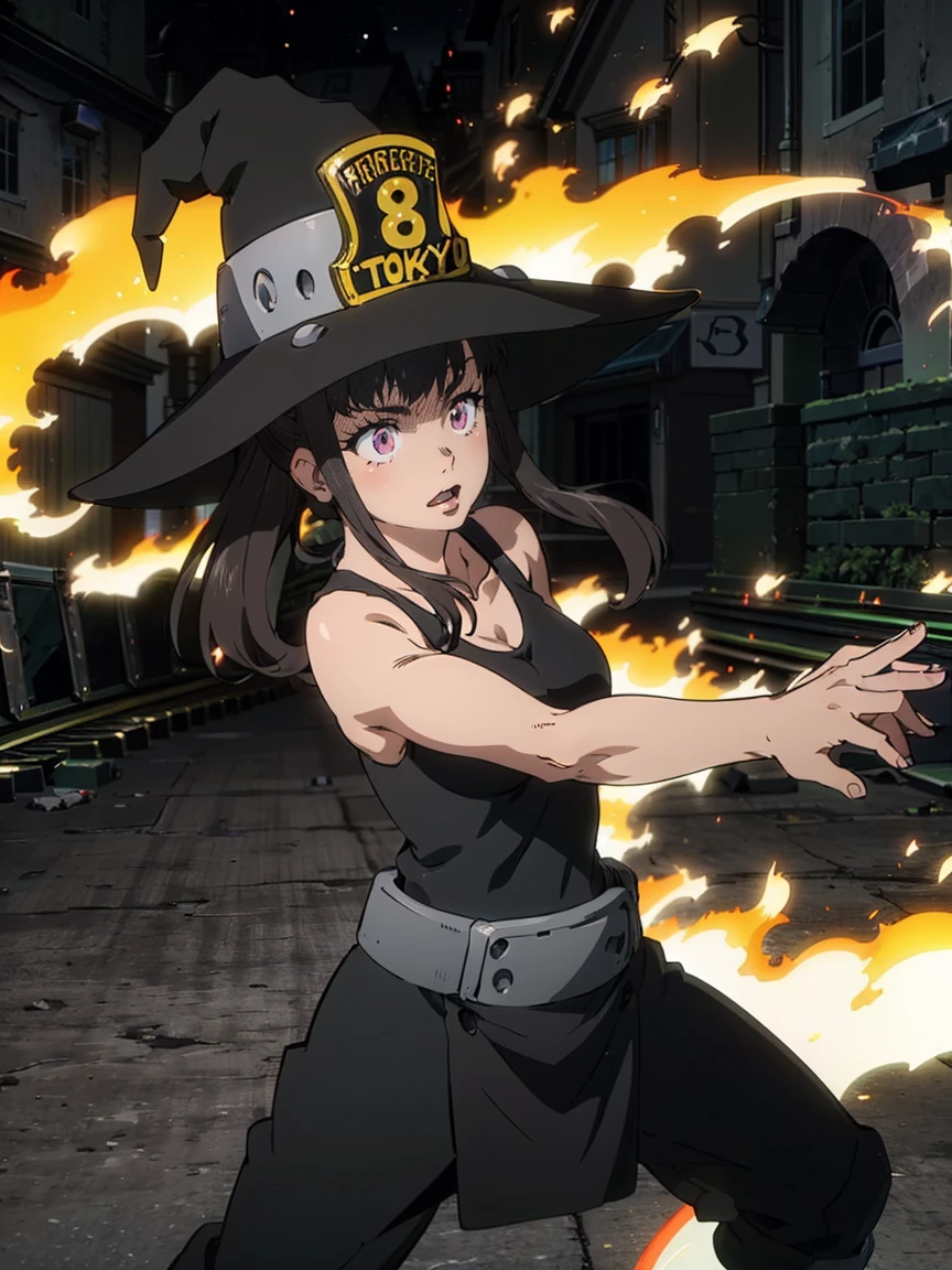 illustration of Maki, 1girl, solo, ponytail, bangs, muscles, ((witch dress and hat, tank top)), halloween, glowing eyes, fighting stance, night time, row of houses in background, perfect quality, good quality, masterpiece, HDR, UHD, fireballs, burning medieval castle, dragon's wrath, fire-breathing dragon, elegant delicate, reflection, shine, anime, manga, firefighter