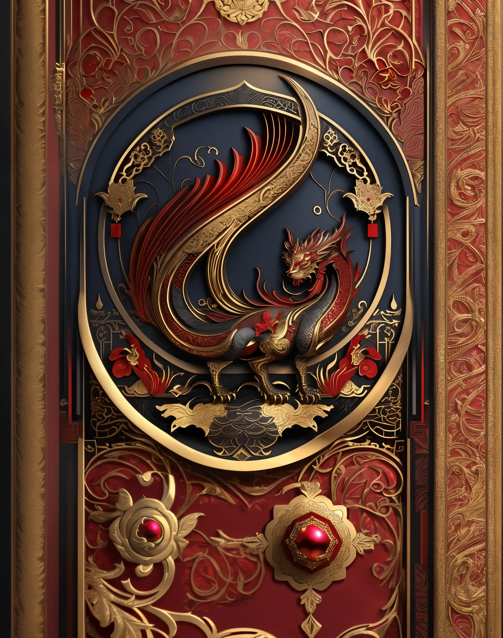 crimson and gold, sculpture, matte deep red, gold plated, Volume shadow, Artificial pattern, Surrounded by an intricate decorative border, matte deep red and gold ornament, Very detailed digital art, 3d rendering, 16