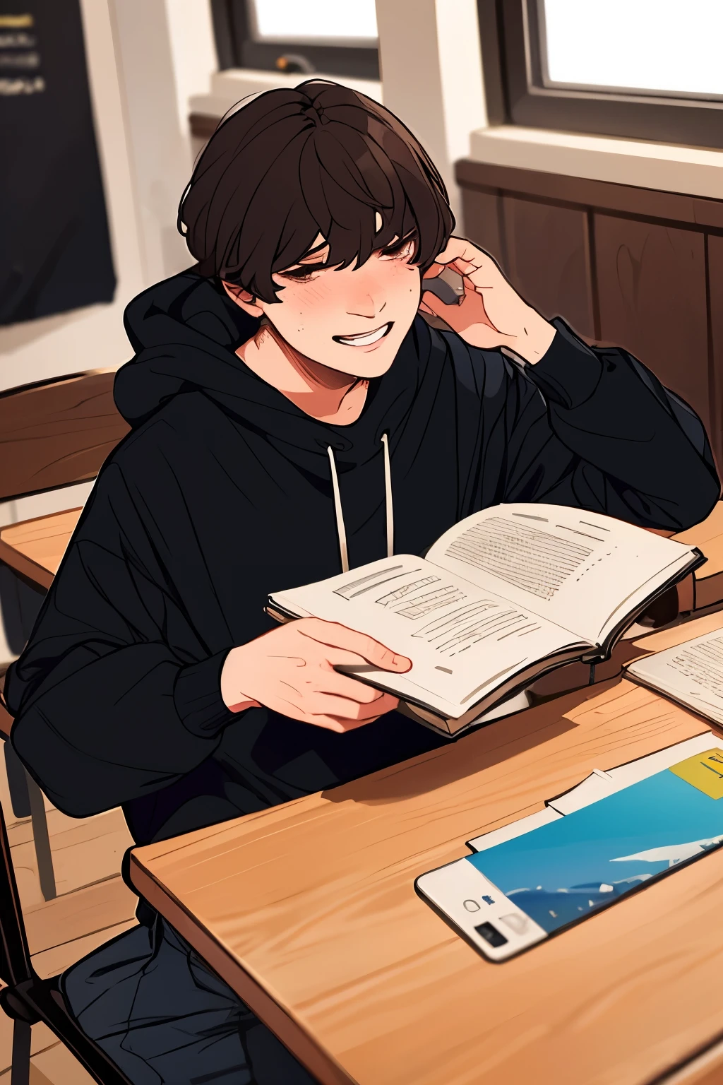 (ultra-detailed,best quality,highres:1.2),1boy,laughing,classroom,indoors,vibrant colors,playful atmosphere,happy expression,textbooks on desk,blackboard,open window
