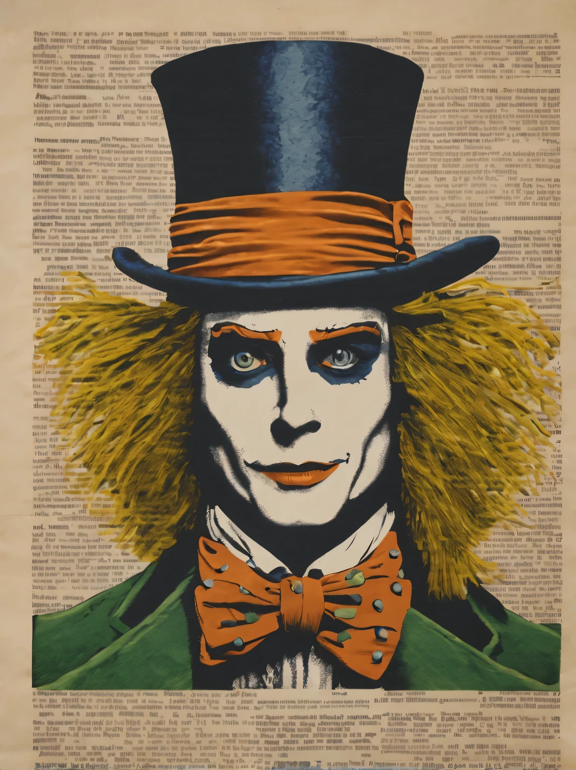 portrait of the mad hatter, printed on old paper using a dot matrix printer