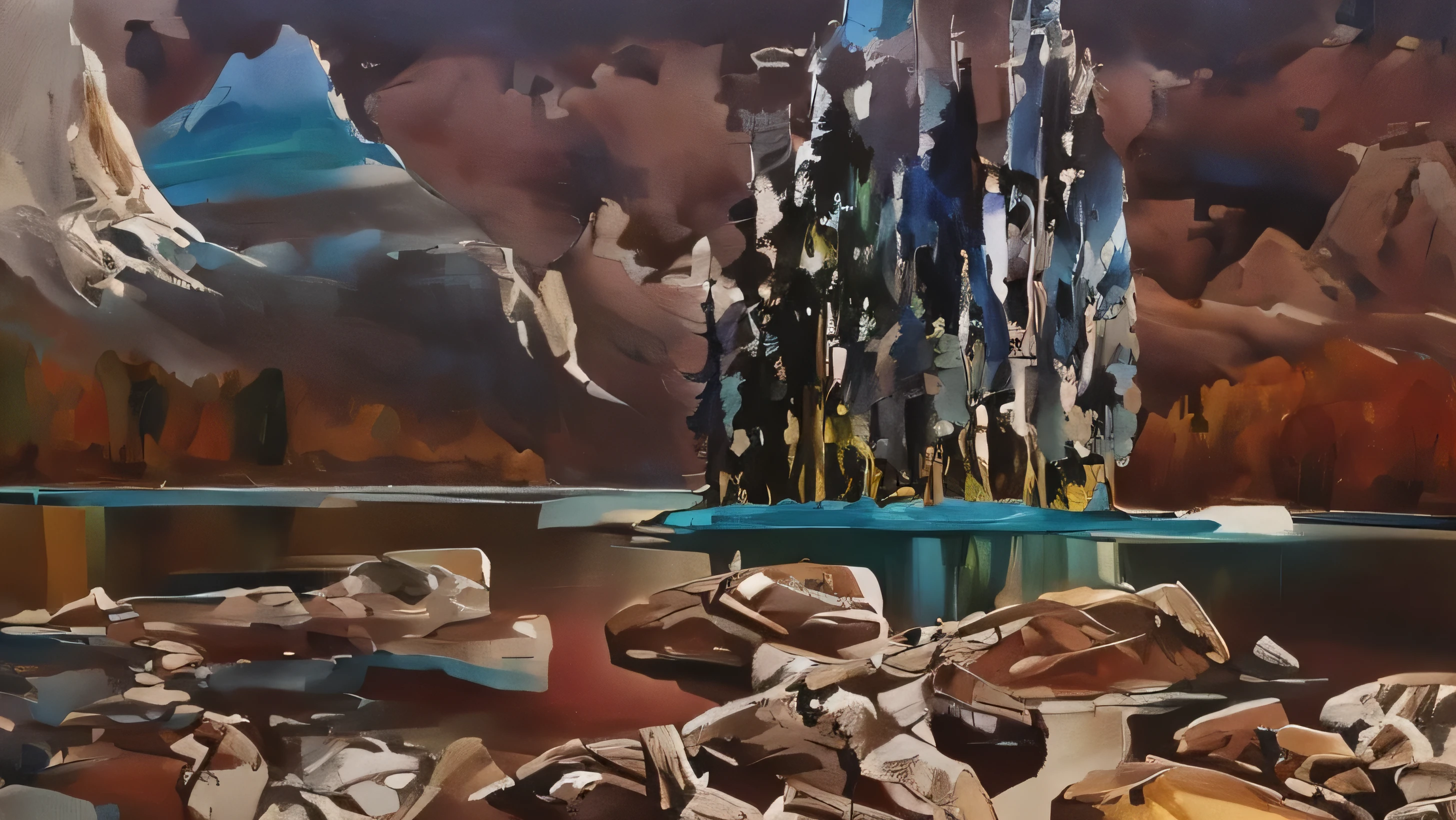 painting of a mountain lake with rocks and trees in the foreground, vivid jewel tone colors, by Craig Thompson, by Michael Sutfin, inspired by James Pittendrigh MacGillivray, in style of steve henderson, steve henderson, style of tim hildebrandt, steve henderson and mark brooks, by Ken Danby, by Charles Roka, by David Park, by Jerry Weiss