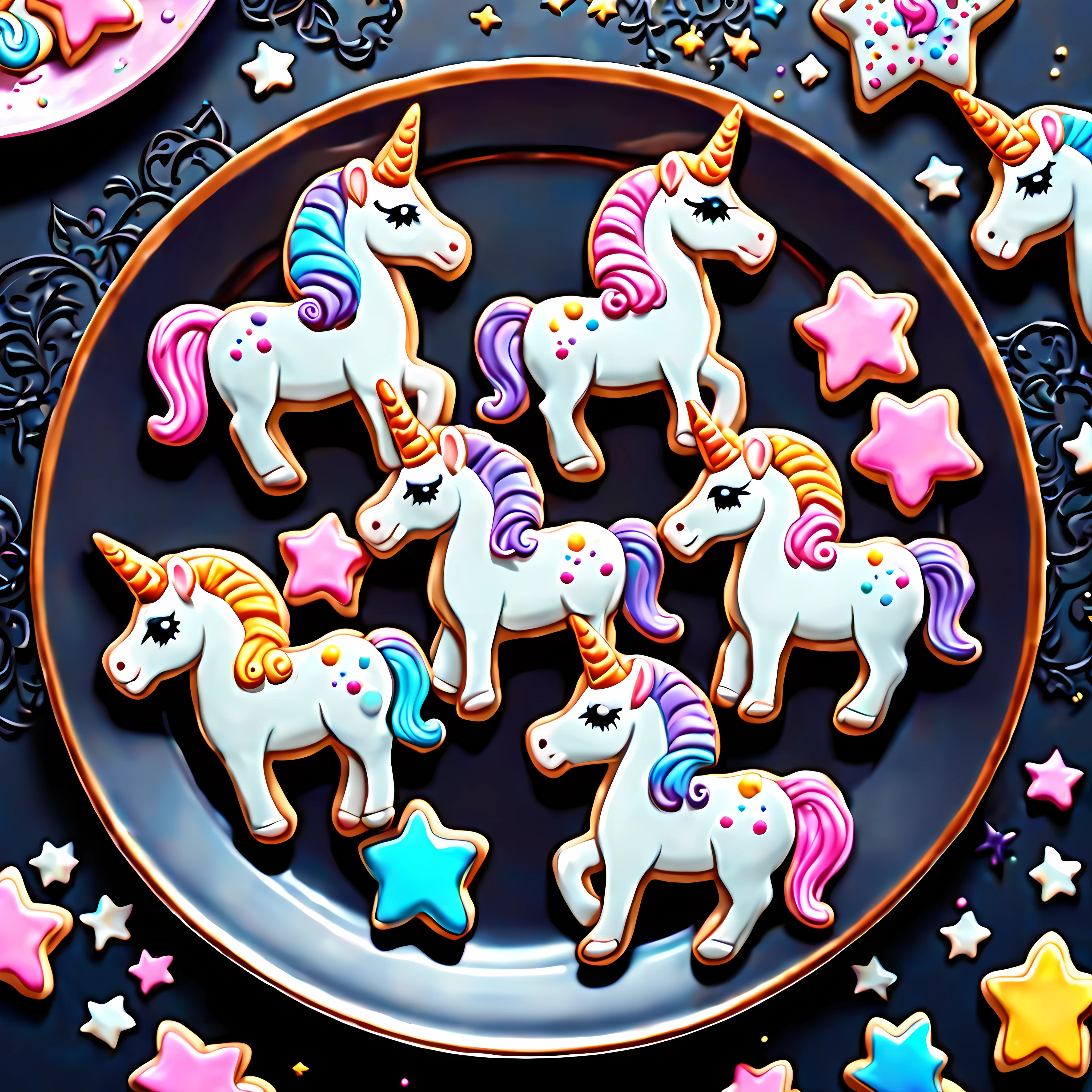 (Cute cartoon style:1.4), masterpiece in maximum 16K resolution, a close up of magical unicorn cookies on a elegant plate. | Simple gothic background. | ((More_Detail))