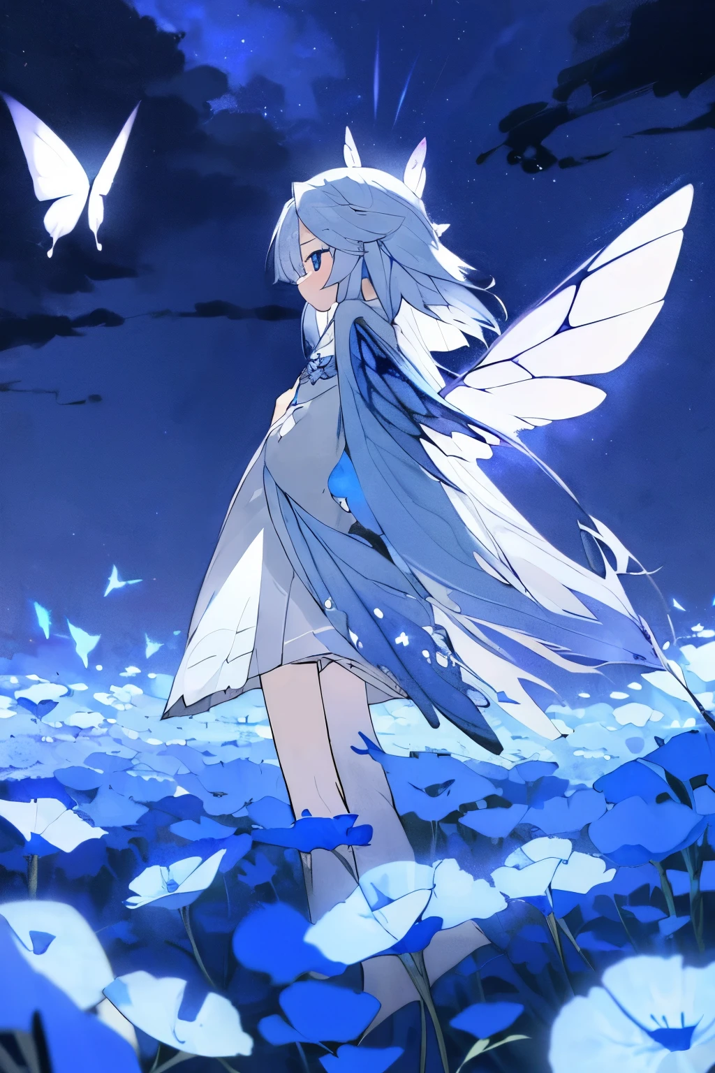 Gray hair semi-long、butterfly々girl with wings、standing in a nemophila field、night sky、kind face、unrequited、
