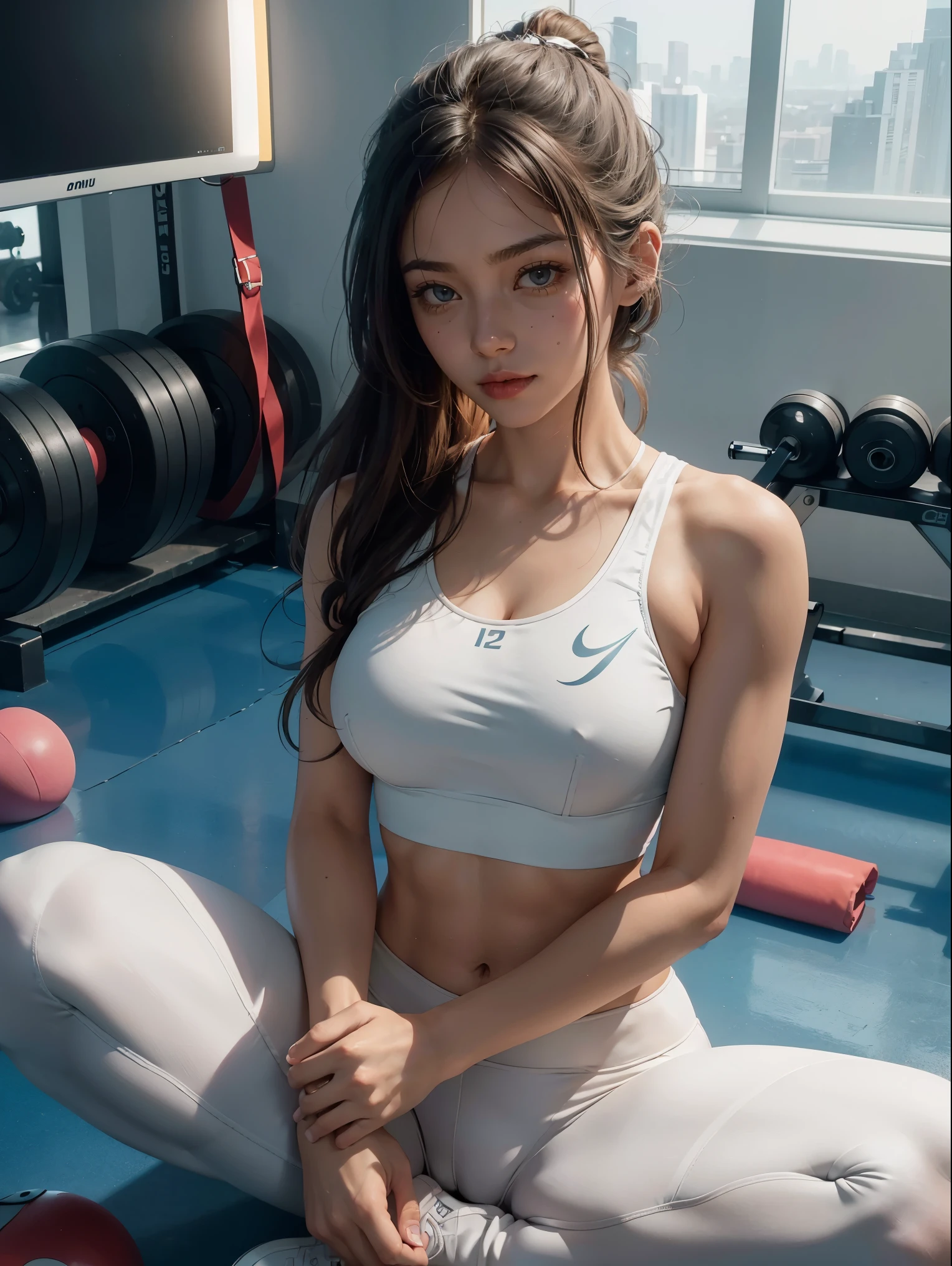 (best qualtiy)Meticulous sportswear girl,Sit on the floor of the gym,spread their legs,Camel toes,Wear delicate white skinny yoga pants and a sports bra,Protruding small abdominal muscles,And adds a cinematic touch to the scenes in the super one,huge tit,Film lighting completes the overall atmosphere