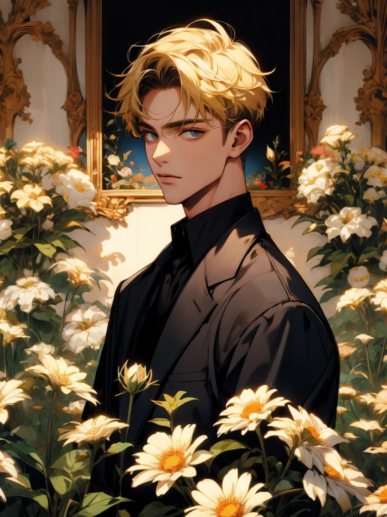 masterpiece, collage of boy holding flowers, blond hair, black hair,