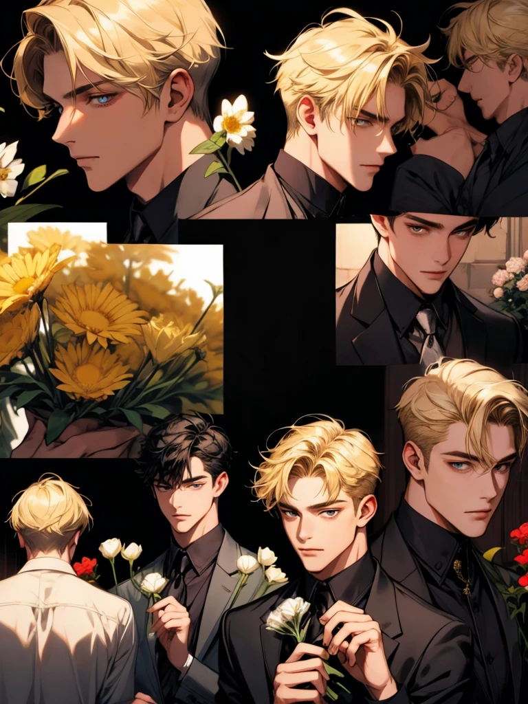 masterpiece, collage of teenage boy holding flowers, blond hair, black hair, 