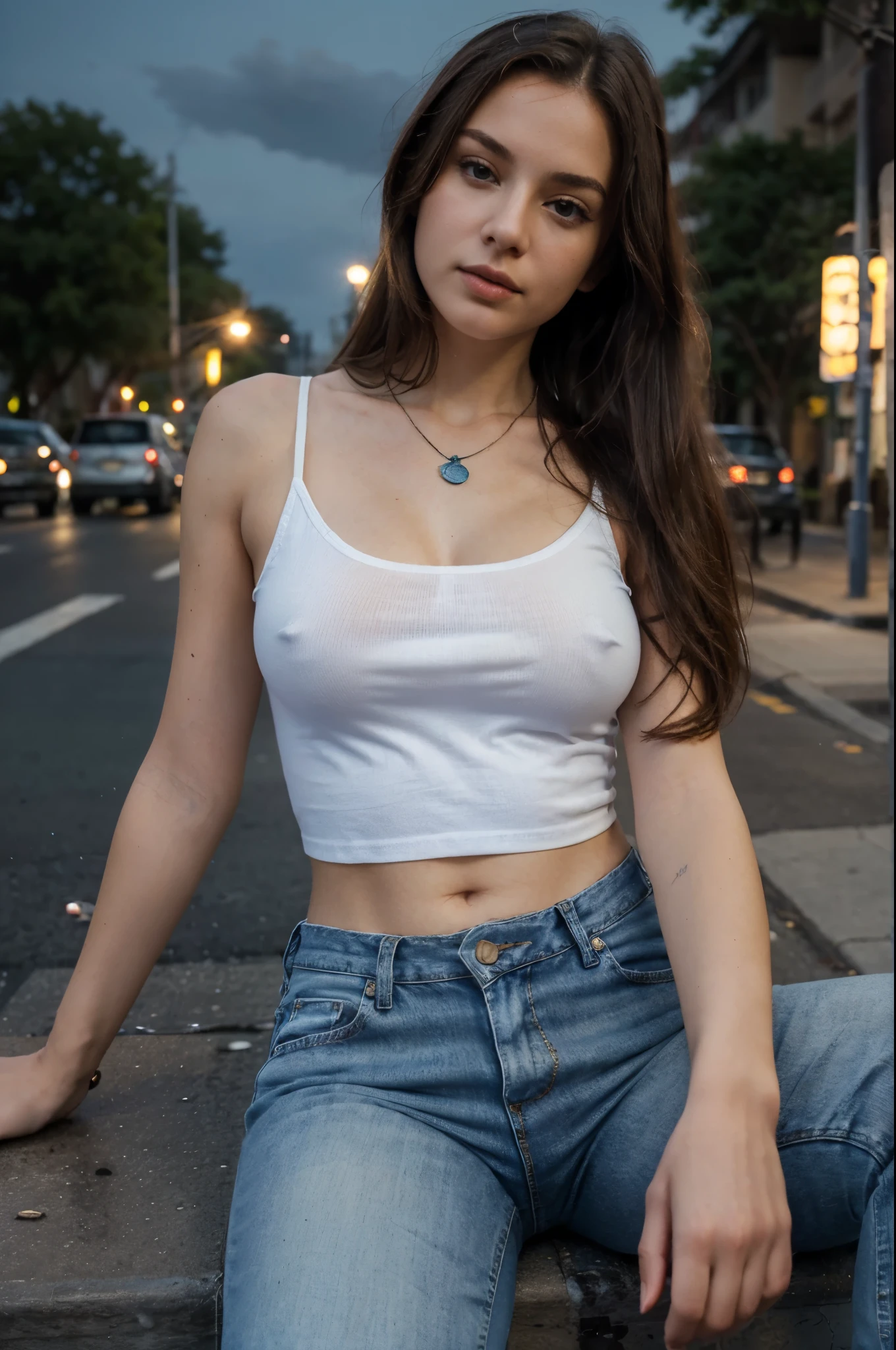 (best quality, masterpiece:1.2), detailed, perfect face, perfect body, decent bobs, blue jeans, necklace, sitting on a curb, long hair, shaped ass, white top, street,evening, street lights, realistic lighting, vibrant colors, little blured background.