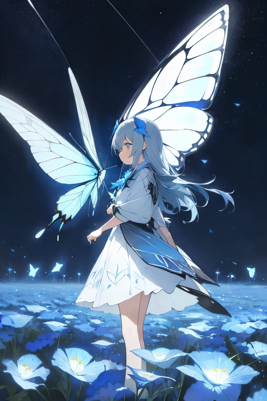 Gray hair semi-long、butterfly々girl with wings、standing in a nemophila field、night sky、Ephemeral face