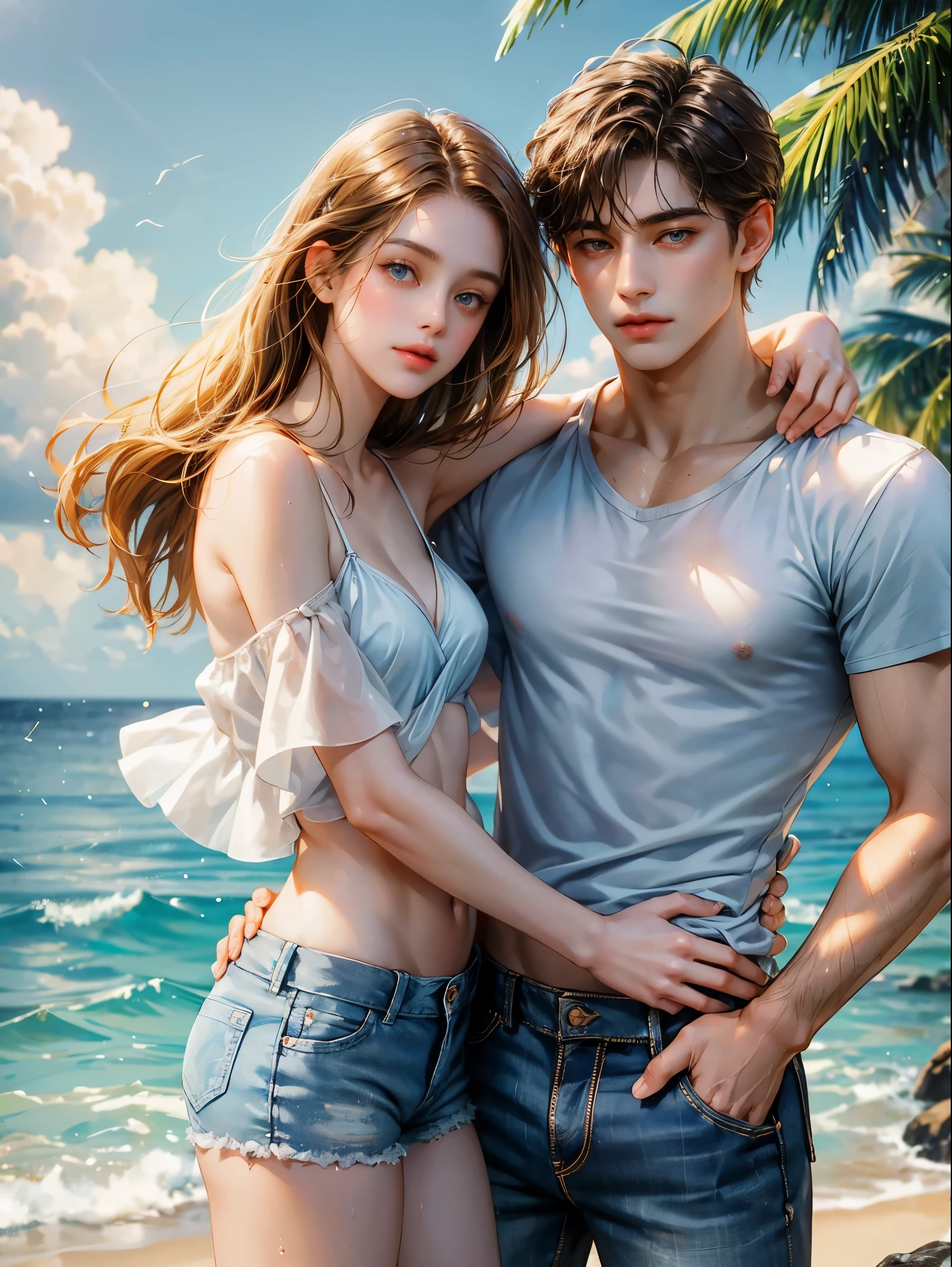 Couple, 1 girl 1 boy, different hair color, long brown hair, straight hair, no bangs, brown eyes. Bikini and shorts. Short brown hair, sky blue eyes, shirtless and jeans, height different, detailed eyes, face, hand. They look at the viewer. They hug. They are inside the water. Background the see