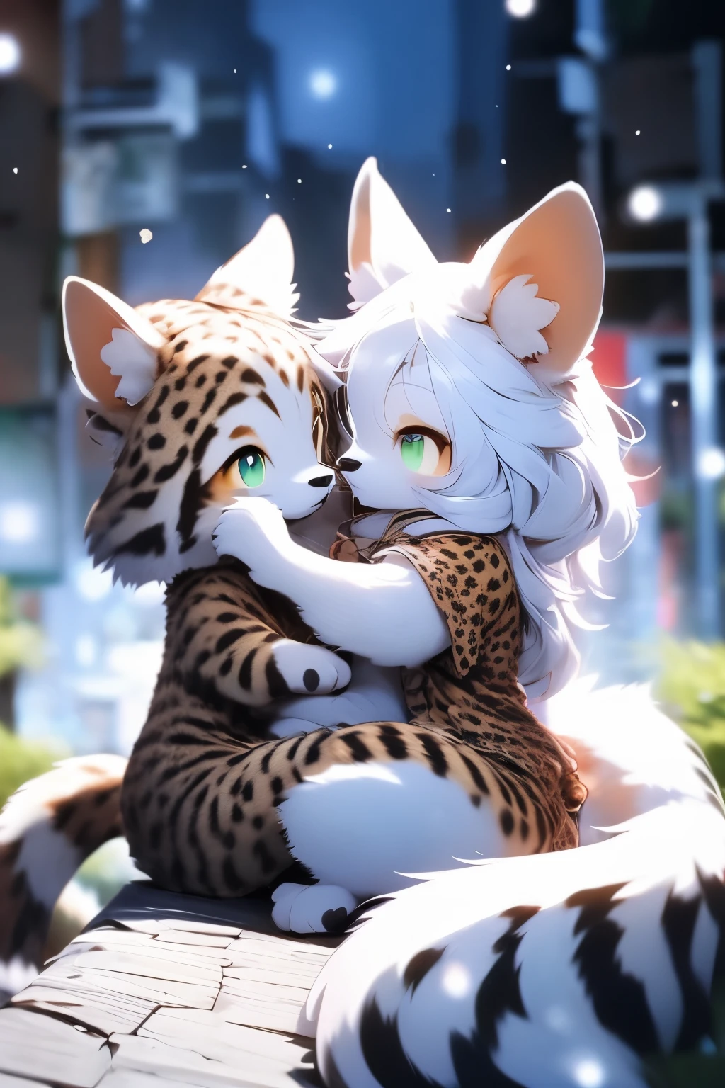 mascot,Lovely image,best quality, 8k, Best quality fluffy, 可爱的fox, fox,Male and female cuddles,2 snow leopards,Yellow fur,hairy,kiss
