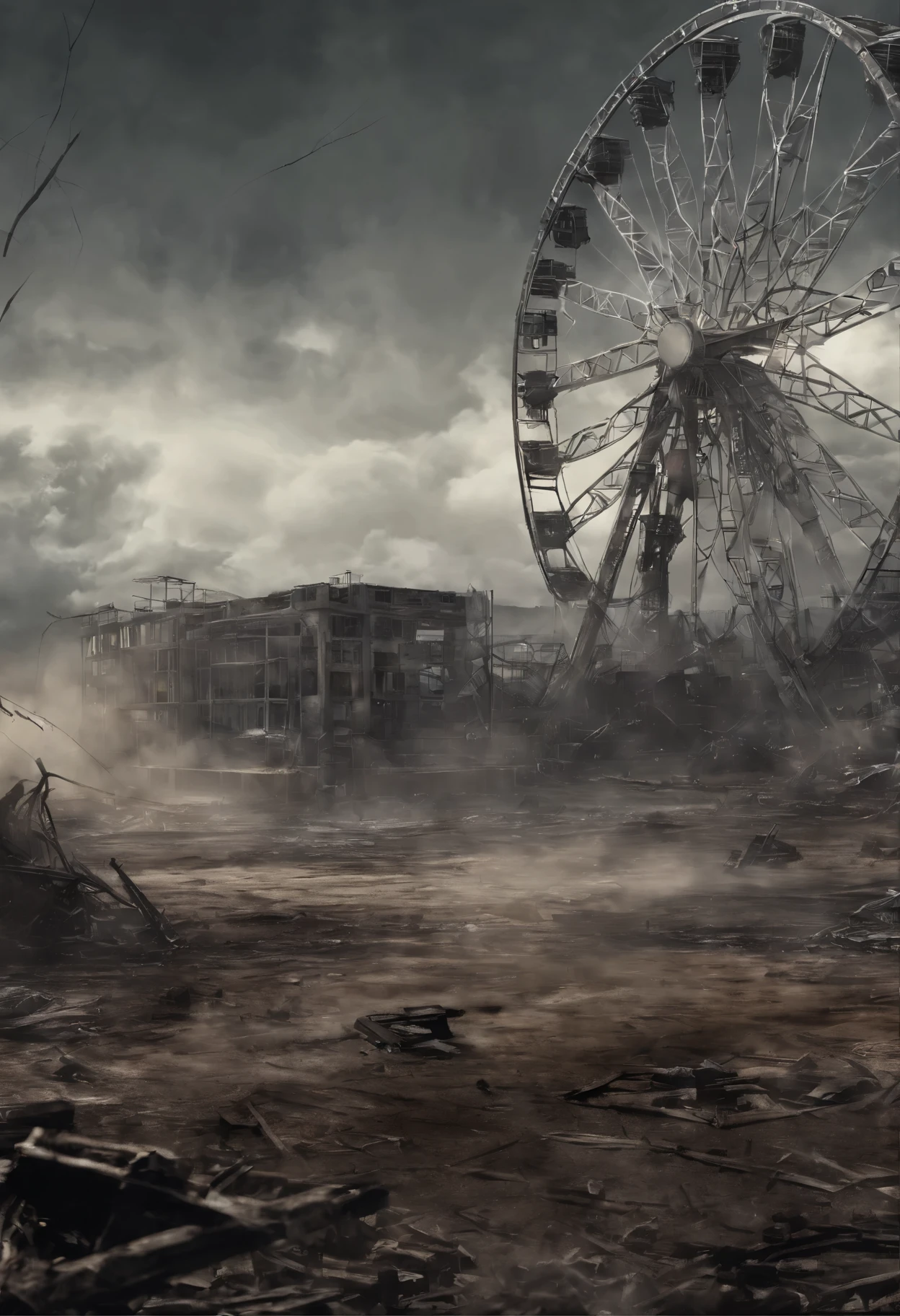 Obra maestra, Obra maestra, hiperrealismo, cinematographic image, 8k, Profundidad de campo, cinema lighting, a post-apocalyptic version of the typical iconic image of the (parque de atracciones en ruinas),Lleno de verdor, image Post apocalyptic and dystopian.., noria rota, ((en el cielo se ven planetas y (naves espaciales))), ((smoke behind the ferris wheel)). En primer plano, a laser gun on the floor and a puddle of dried blood, robots, cyborg