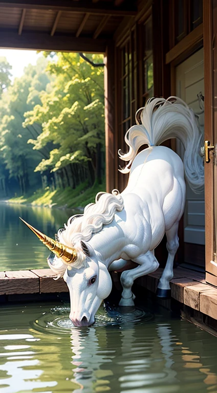a beautiful white unicorn with a gold horn drinking water at a river