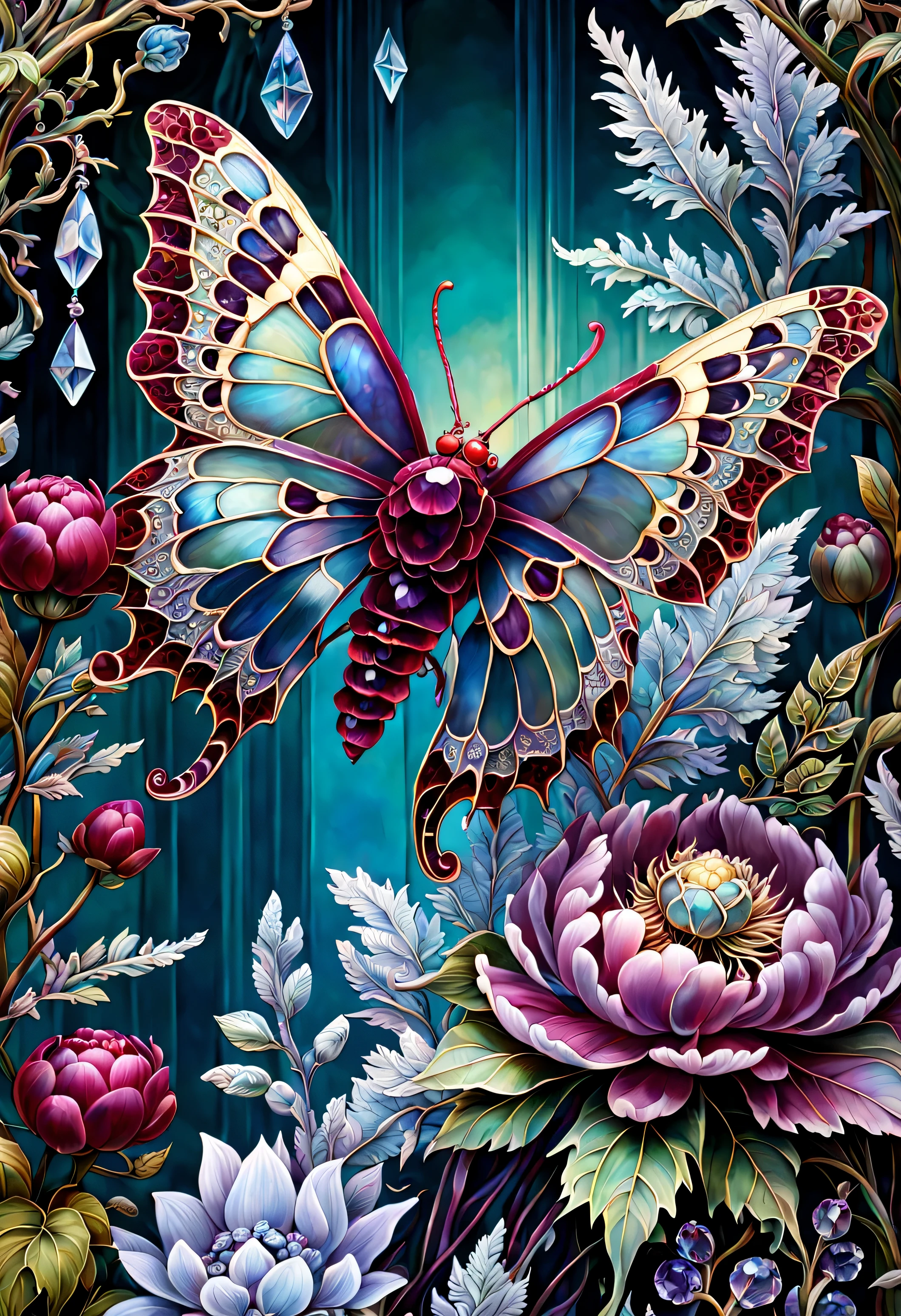 triadische Farben, filmisch, offizielle Kunst, close fairytale transparent glass moth, ruby red peony flowers, Eis Raureif, Barock, transmitted, sehr detaillierter Lepard, Amethystkristalle, schillernde Labradorit-Kristalle, Andy Kehoe, John Blanche, komplexer, sehr detaillierter Dschungelhintergrund, Buch detaillierte Illustration, Fantasie, Filigran, Filigran detailed, kompliziert, Niedlich