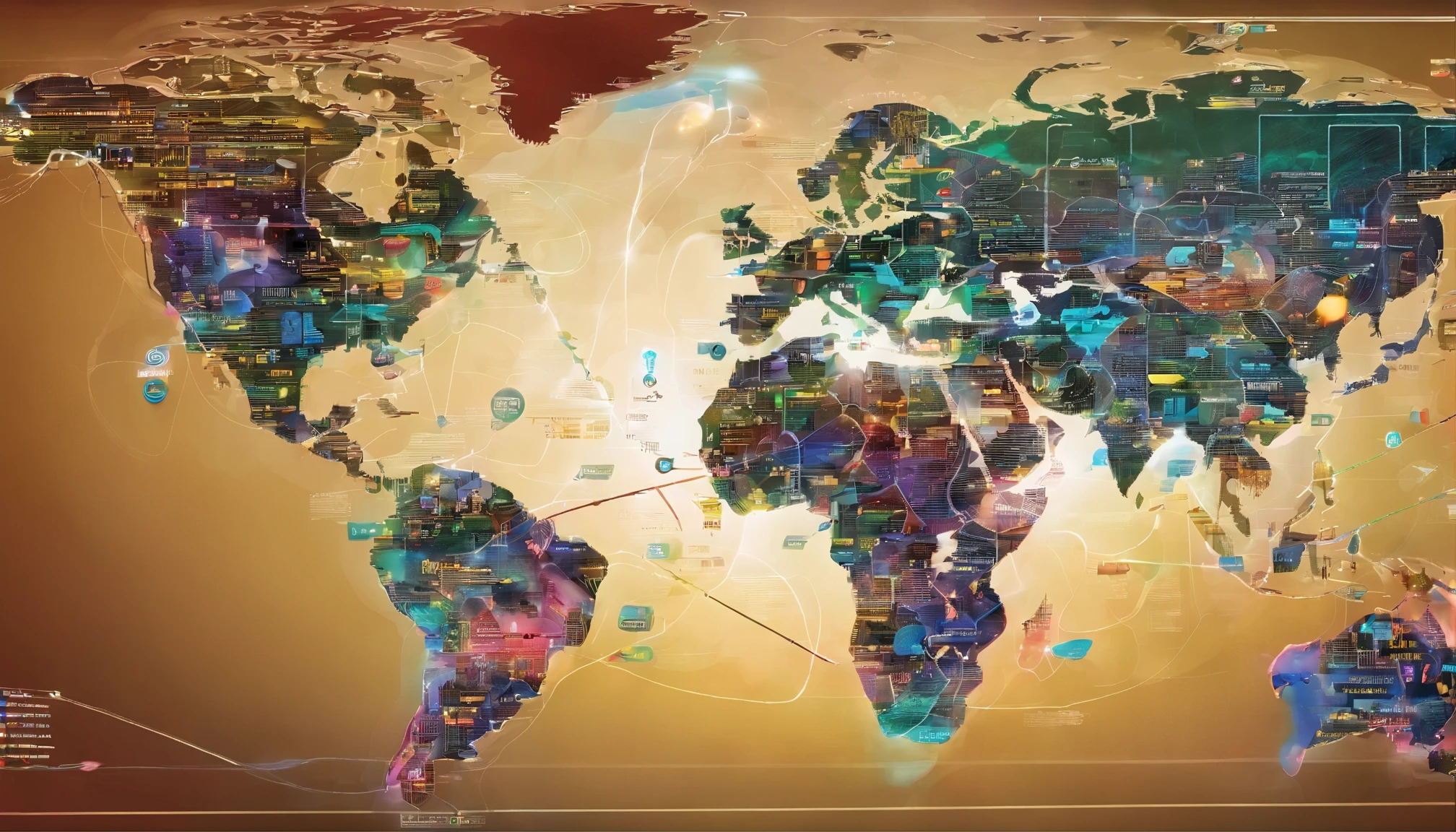 The world map showcases AI's significant applications in the field of financial technology(Fintech), accompanied by the ChatGPT logo or an illustrated introduction. The main focus is on highlighting the key areas where AI has revolutionized Fintech. The map should have a professional and polished look, representing the global presence of AI in finance. It should depict various regions and countries containing major financial centers, with interactive callouts displaying the names and logos of leading AI-powered fintech companies. The colors should be vibrant and eye-catching, incorporating a mix of cool and warm tones to create a visually striking contrast. The lighting should emulate natural sunlight, casting soft shadows and enhancing the depth of the map. The overall image quality should be of the highest standard, emphasizing ultra-detailed rendering and producing a realistic, photorealistic outcome.
