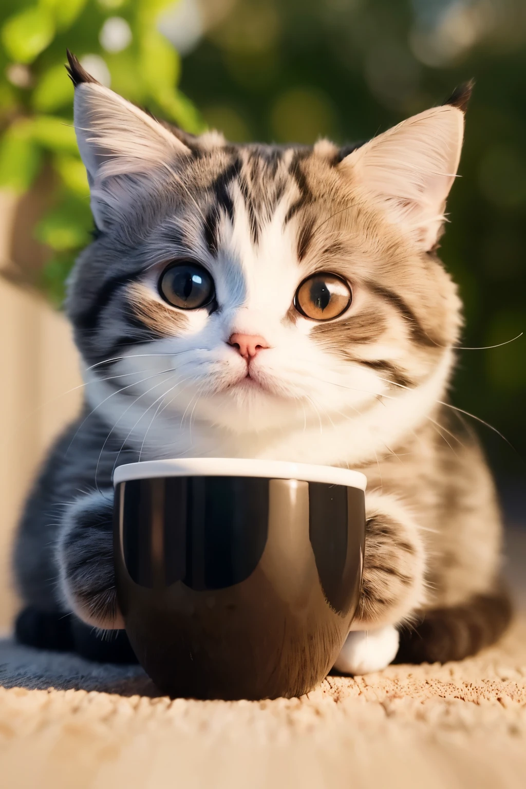 A small, adorable round cat puppy is sipping coffee with big, expressive eyes, conveyed in stunning 3D detail. Every curve and whisker is meticulously rendered, capturing the true essence of cuteness. (realism: 1.6), (ultra high resolution), (extremely intricate), masterpiece.