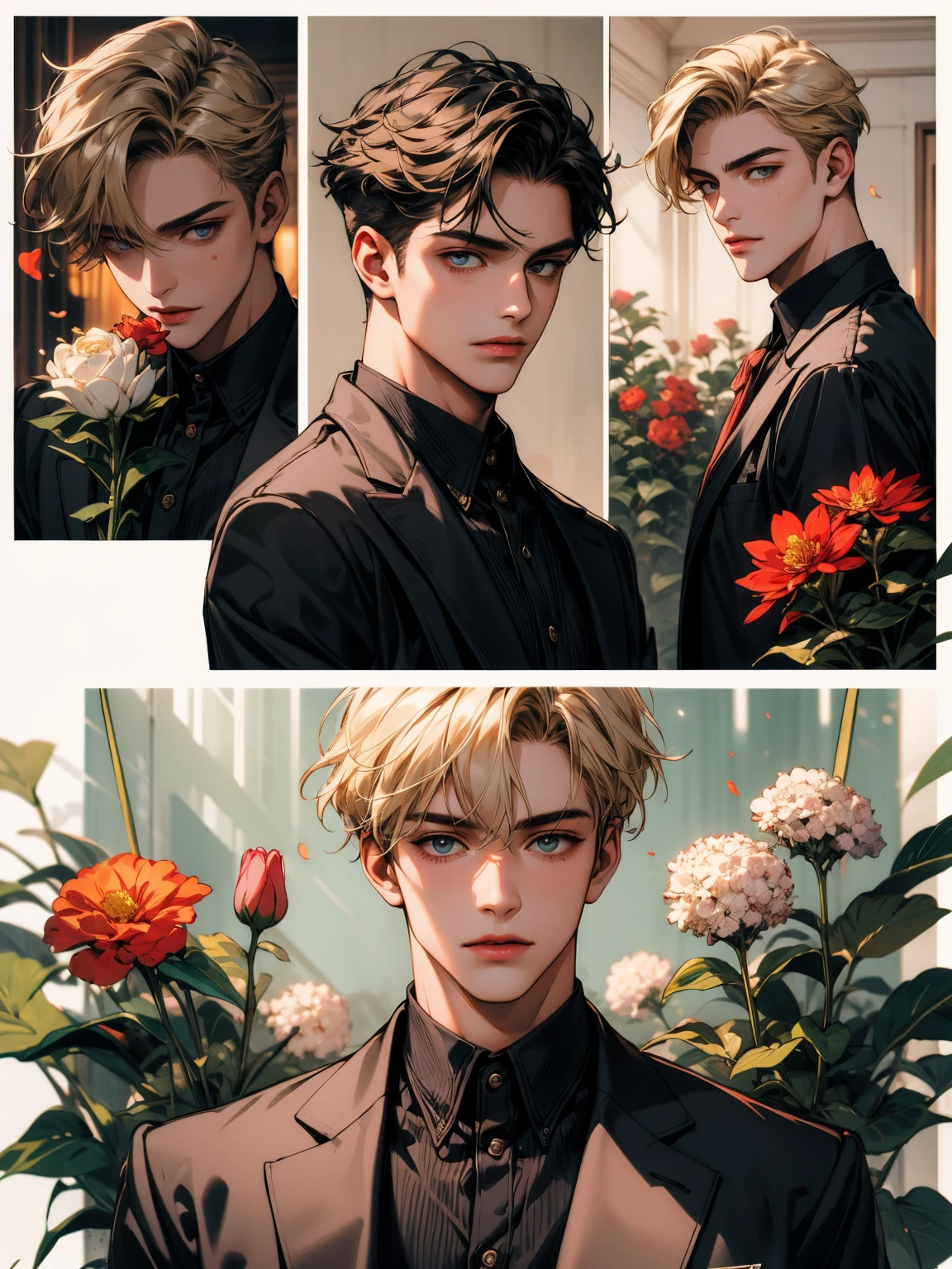masterpiece, collage of teenage boy holding flowers, blond hair, black hair,