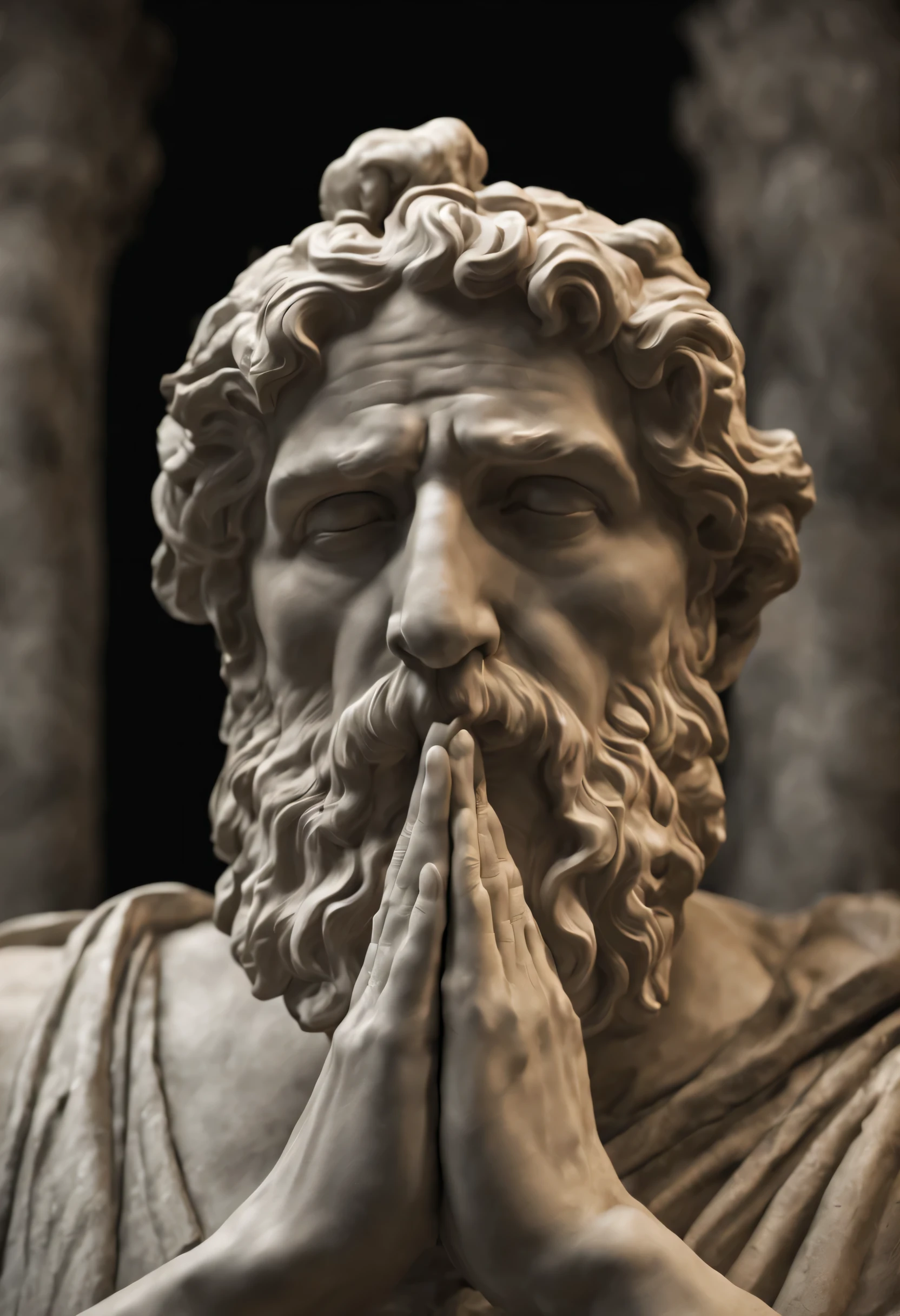 Stoic marble statue of the philosopher Seneca with both hands on his head, com olhar de tristeza e desespero, rosto de perto, hiper-realista, qualidade de fundo escuro 4K
