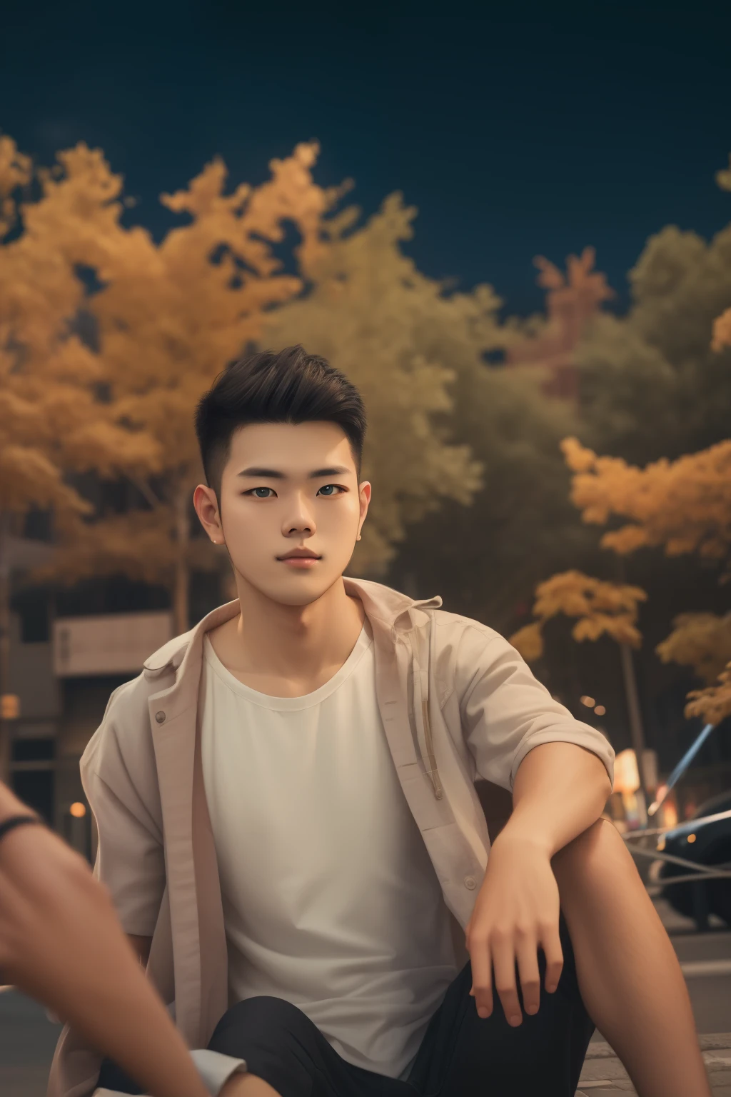 RAW photo, a portrait photo of 21 y.o man in casual clothes, night, city street, (high detailed skin:1.2), 8k uhd, dslr, soft lighting, high quality, film grain, Fujifilm XT3