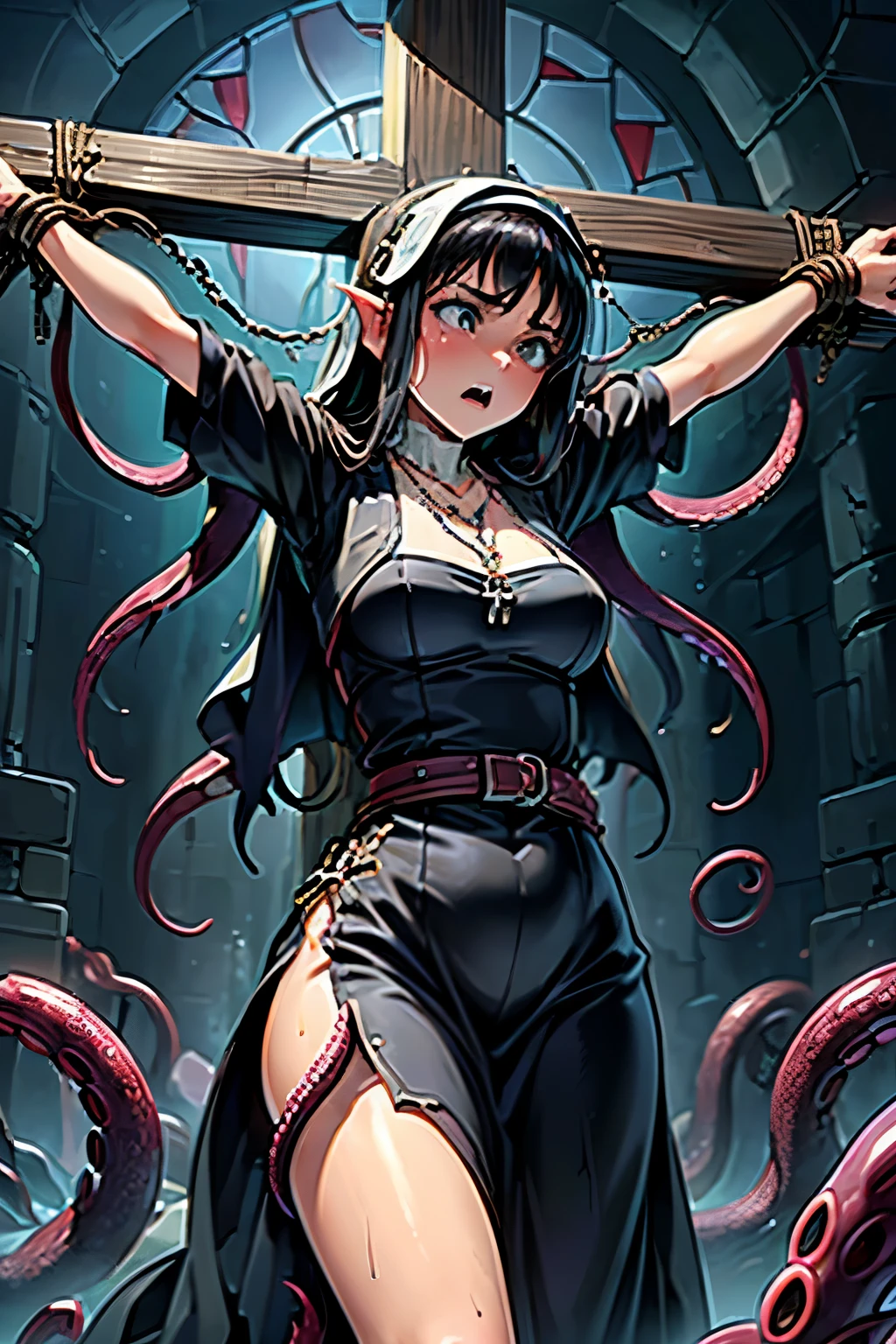 game cg, from front, from below, cowboy shot, face focus, **** beautiful girl, baby face, huge breasts, curvy, nun, (tired, clenching jaw:1.3), open mouth, detailed eyes, (crucified:1.2), (Rosary Necklace), (church, stained glass), evening, bound,restrained,(((too many tentacles, tentacles,bound by tentacles, bound neck by tentacles))), midair, (masterpiece, highest quality, High resolution:1.3), perfect anatomy