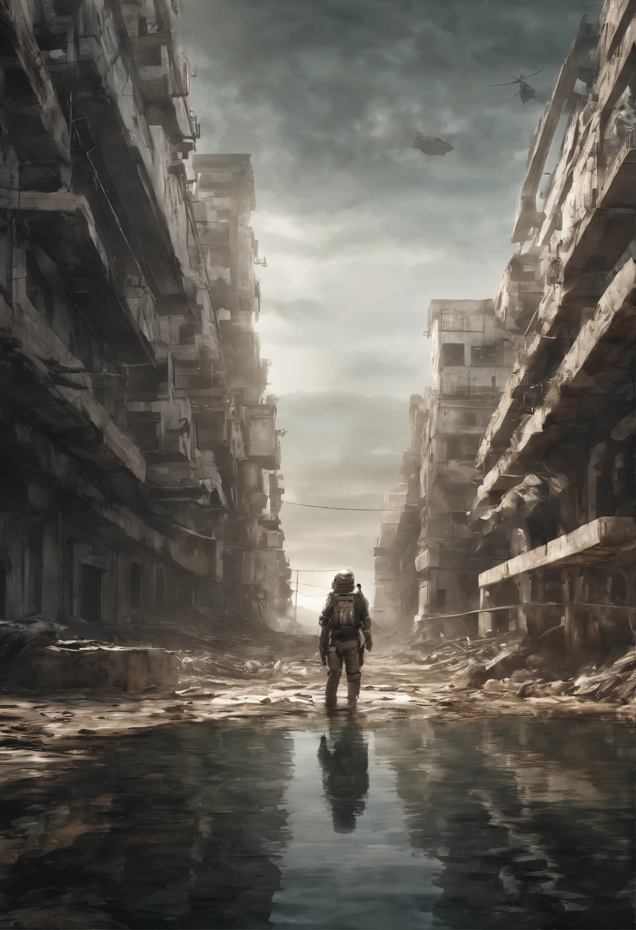 Obra maestra, Obra maestra, hiperrealismo, cinematographic image, 8k, Profundidad de campo, cinema lighting, a post-apocalyptic version of the typical iconic image of the (ciudad en ruinas),Lleno de vegetacion marina, image Post apocalyptic and dystopian., ((ciudad debajo del mar, sumerges city)), ((paisaje marino)). En primer plano, a scuba diving suit and a pool of dried blood, robots, cyborg