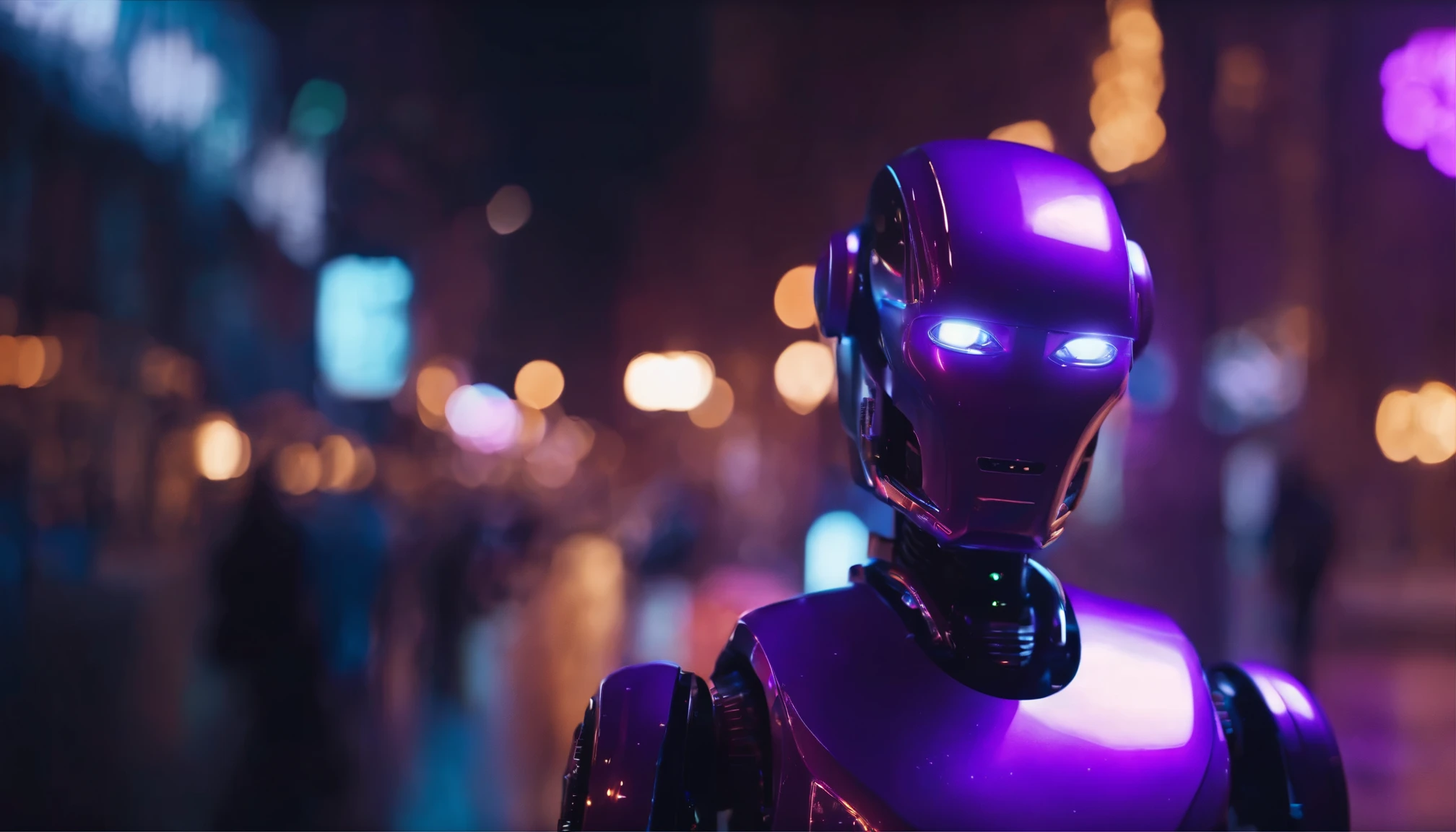 8k，robot，close up，Purple lights and buildings in the background