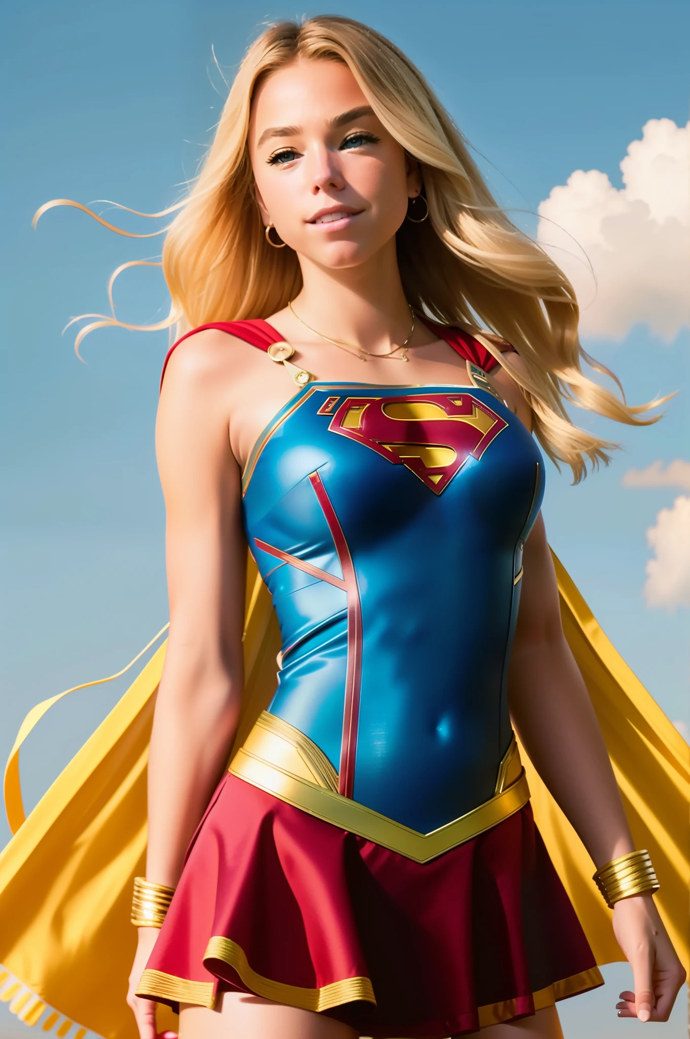 Sexy and pretty intricate full color photo of (a woman m111y:1),  blonde hair,  looking at viewer as supergirl, supergirl suit with (cleverage), flying, (full body), tight suit, detailed face