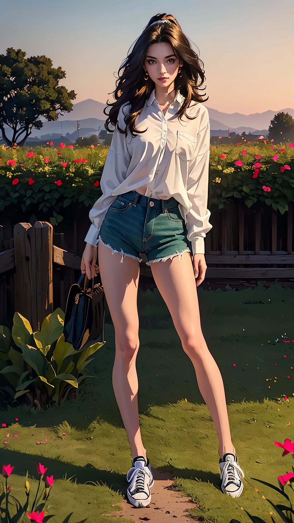 ((masterpiece, Best quality, a high resolution, ultra detailed),(beautiful and aesthetically pleasing:1.2), 1 woman, adult, perfect body, Wavy dark hair, green eyes, high short ponytail, Beautiful, Detailed eyes and face, long oversized shirt, skinny jeans, Converse sneakers, golden hour, Field of Flowers, complex parts, full body 