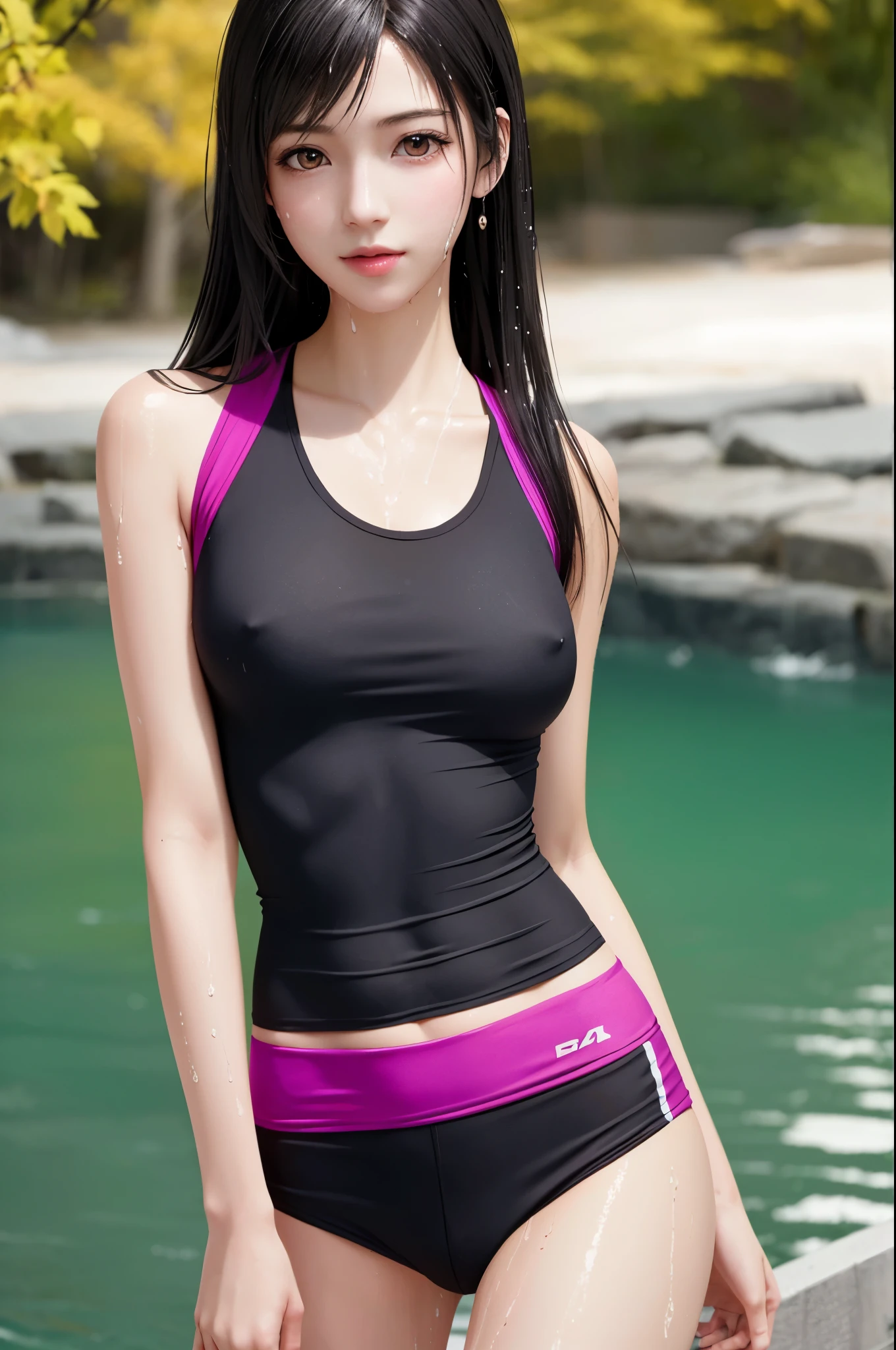 (top quality, masutepiece: 1.1), (Realistic: 1.3), (photoRealistic: 1.3),wallpapers, BREAK (((FF7,Tifa_lockhart))),(Colorful running wear in thin fabric:1.6),(Clothing sticks to sweaty skin:1.4),(no bra), (In a park full of autumn leaves,Rest after sports),(gravure pose:1.3,nogizaka idol),Ultra-detailed face, Detailed eyes,Red eyes, BREAK (((FF7,Tifa_lockhart))),(black brown hair, Large breasts: 1.2), BREAK , About 18 years old,kawaii,(face focus:1.2),sensual,looking at viewer,Beautiful legs,(wet body:1.3)