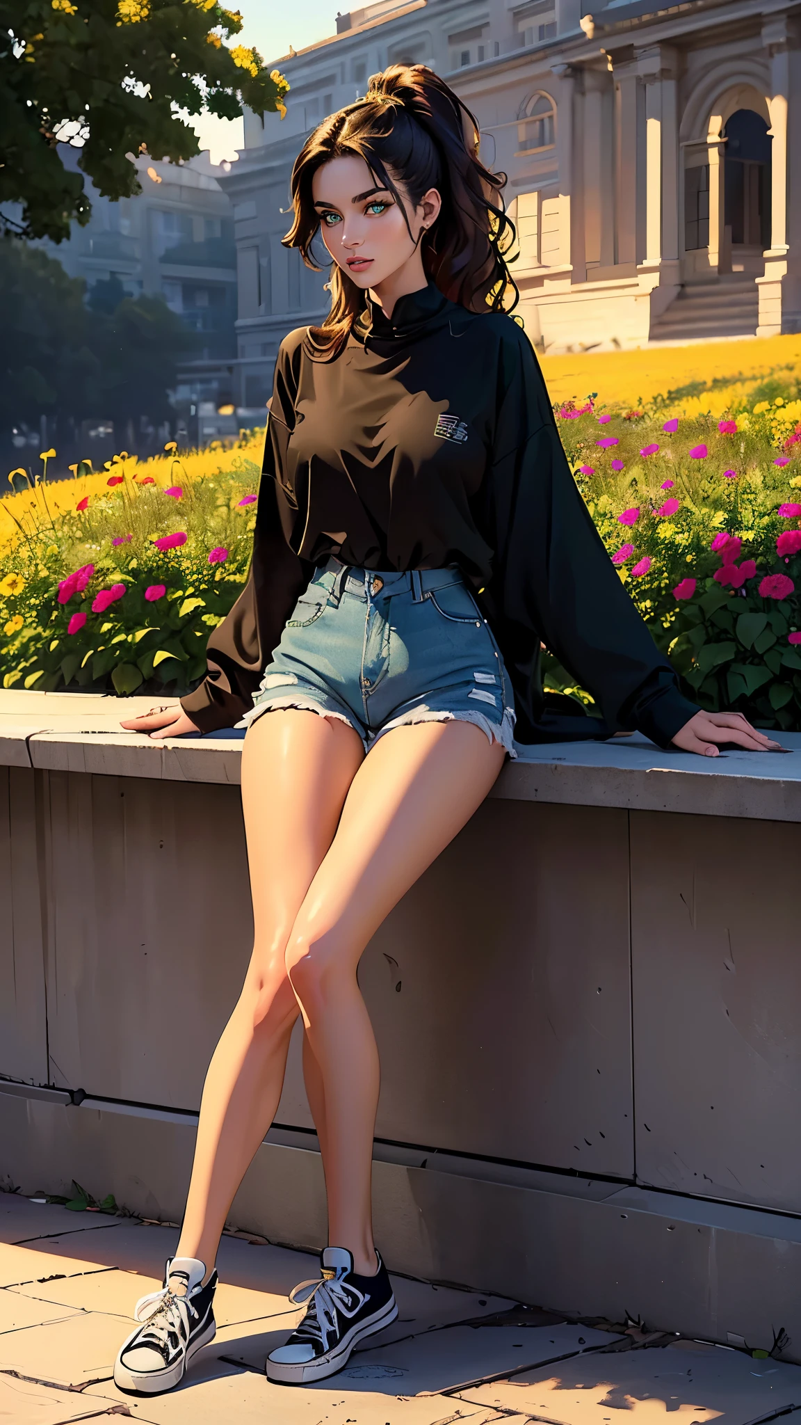 ((masterpiece, Best quality, a high resolution, ultra detailed),(beautiful and aesthetically pleasing:1.2), 1 woman, adult, perfect body, Wavy dark hair, green eyes, high short ponytail, Beautiful, Detailed eyes and face, long oversized shirt, skinny jeans, Converse sneakers, golden hour, Field of Flowers, complex parts, full body 