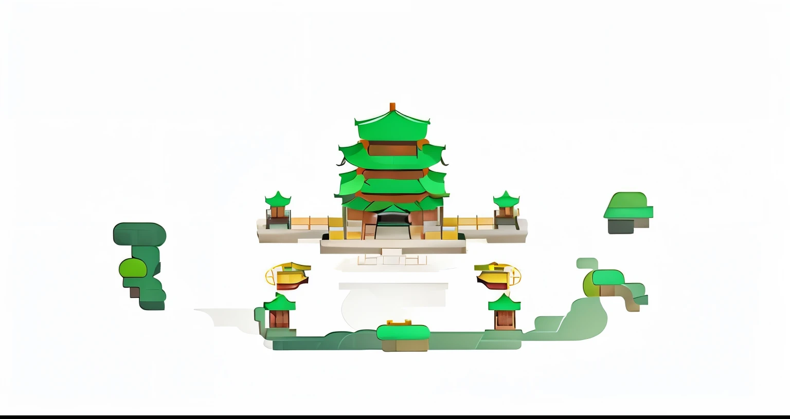 (Abstract), general, illustration, 2.5d, icon style, as background, architecture, traditional Chinese pavilion, green, simple, mysterious, magical, fantasy