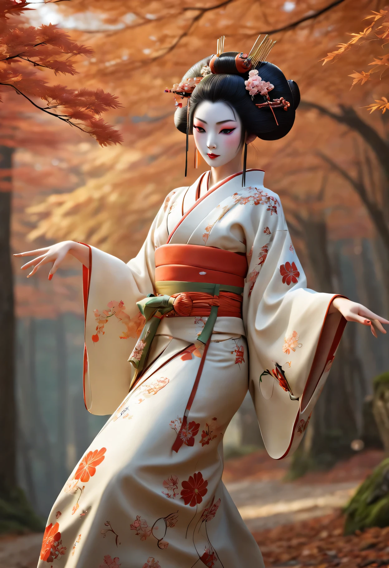 (Super exquisite CG Unity 8K wallpaper), (masterpiece), (best quality), (actual), geisha, kimono, dance, Elf, pointed ears, ((best quality)), (super detailed)), (((photo)), Japanese forest in autumn